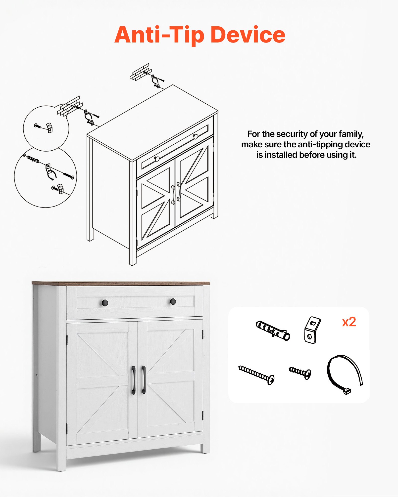VEVOR Dressoir Keukenkast met Laden, Buffetkast Landelijke Stijl voor Woonkamer, Hal, Keuken, Opbergkast 75 x 37,5 x 80 cm Keukenbuffetkast Wit + Bruin