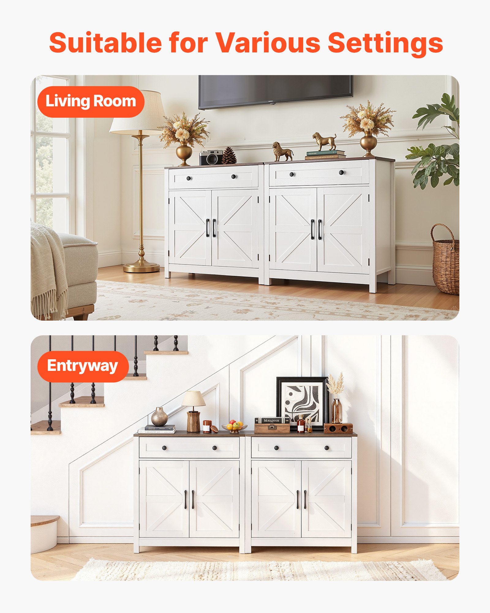 VEVOR Dressoir Keukenkast met Laden, Buffetkast Landelijke Stijl voor Woonkamer, Hal, Keuken, Opbergkast 75 x 37,5 x 80 cm Keukenbuffetkast Wit + Bruin
