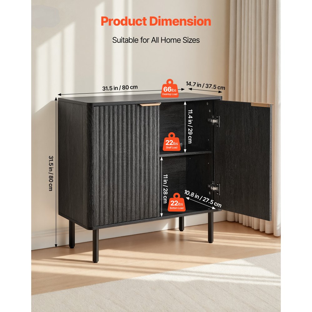VEVOR Dressoir Keukenkast met 2 planken, buffetkast in middeleeuwse stijl voor woonkamer, hal, keuken, opbergkast 80 x 37,5 x 80 cm, zwart