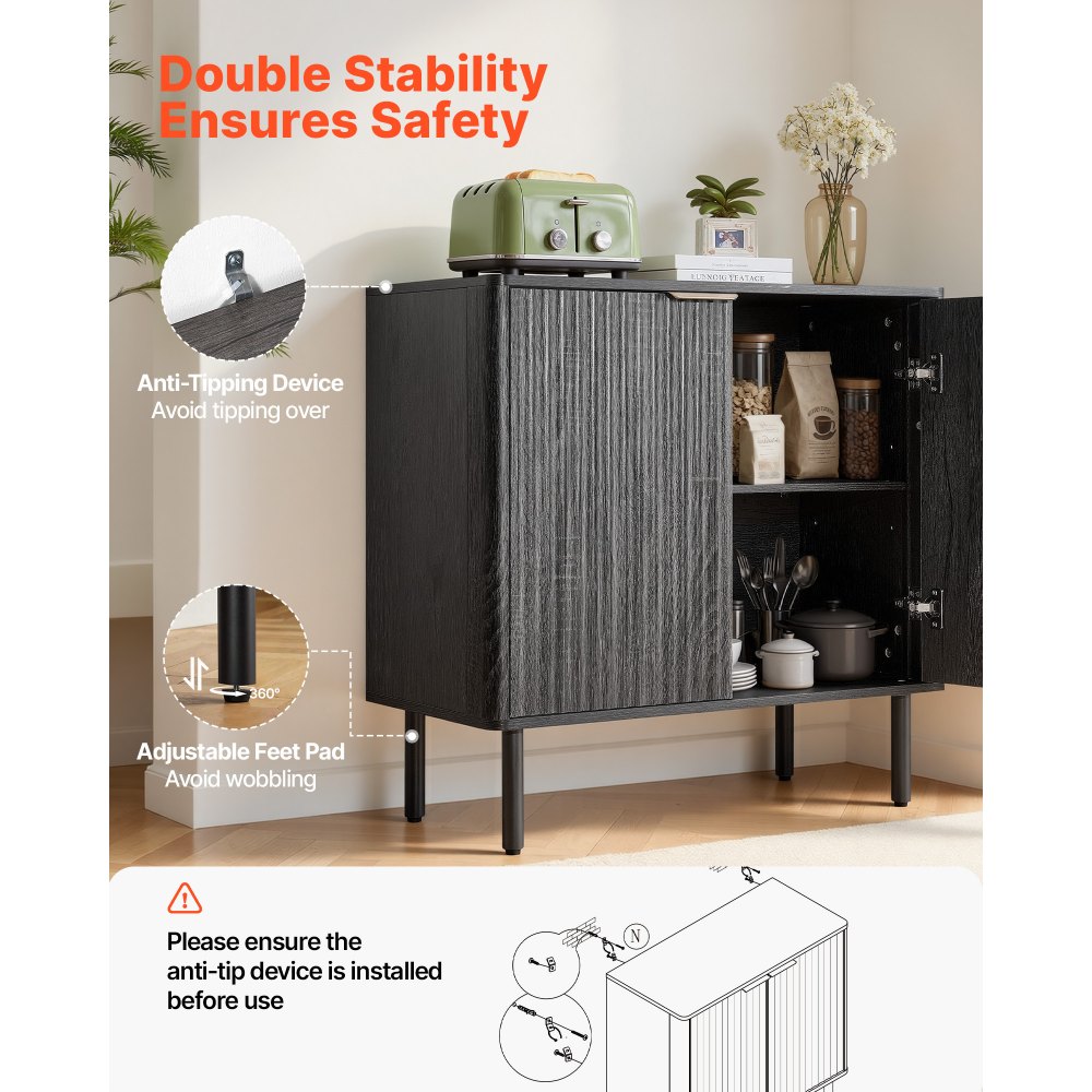 VEVOR Dressoir Keukenkast met 2 planken, buffetkast in middeleeuwse stijl voor woonkamer, hal, keuken, opbergkast 80 x 37,5 x 80 cm, zwart
