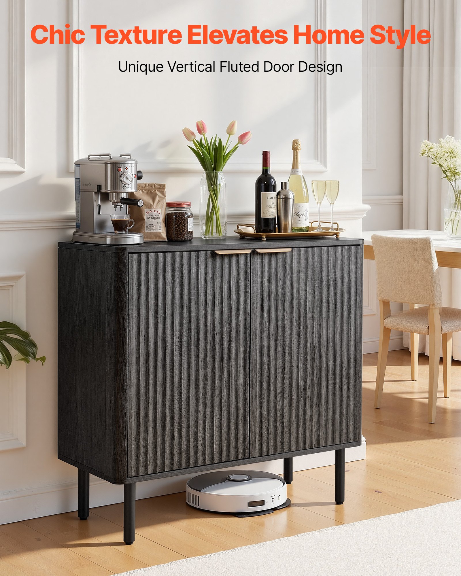 VEVOR Coffee Bar Cabinet, Mid Century Fluted Coffee Bar Table with 2-Tier Storage, Buffet Stand Cabinet with Barn Door, Sideboard Buffet Station for Living Room, Entryway, 80 x 37.5 x 80 cm, Black