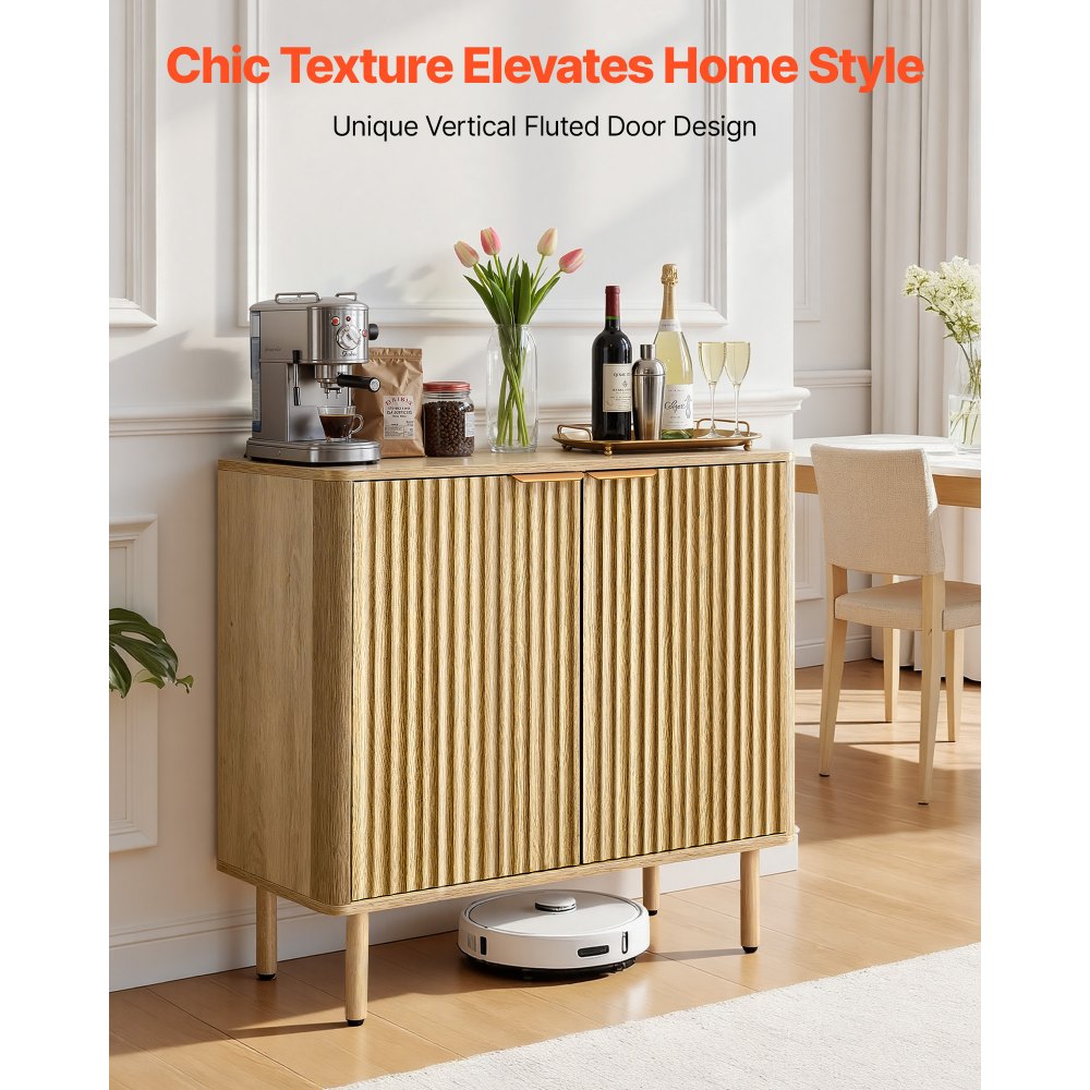 VEVOR Coffee Bar Cabinet, Mid Century Fluted Coffee Bar Table with 2-Tier Storage, Buffet Stand Cabinet with 2 Barn Door, Sideboard Buffet Station for Living Room, Entryway, 80 x 37.5 x 80 cm, Oak