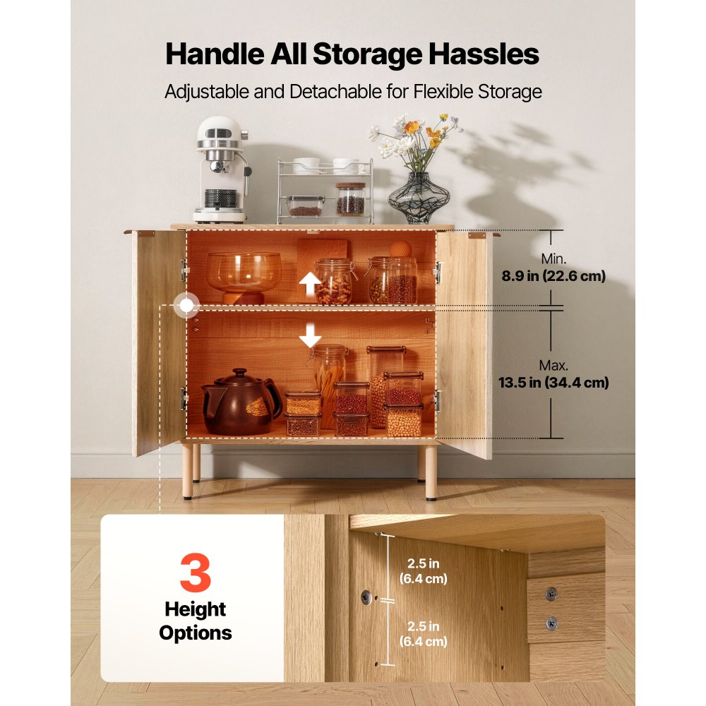 VEVOR Dressoir Keukenkast met 2 planken, buffetkast in middeleeuwse stijl voor woonkamer, hal, keuken, opbergkast 80 x 37,5 x 80 cm Eikenhouten keukenbuffet