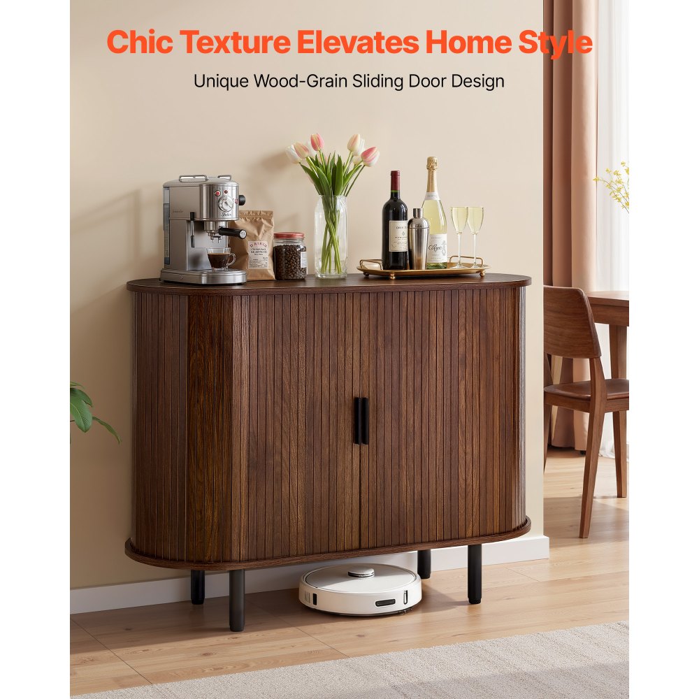 VEVOR Coffee Bar Cabinet, Mid Century Fluted Coffee Bar Table, Buffet Stand Cabinet with 2 Sliding Doors, Sideboard Buffet Station for Living Room, Entryway, Kitchen, 100 x 40 x 75 cm, Walnut