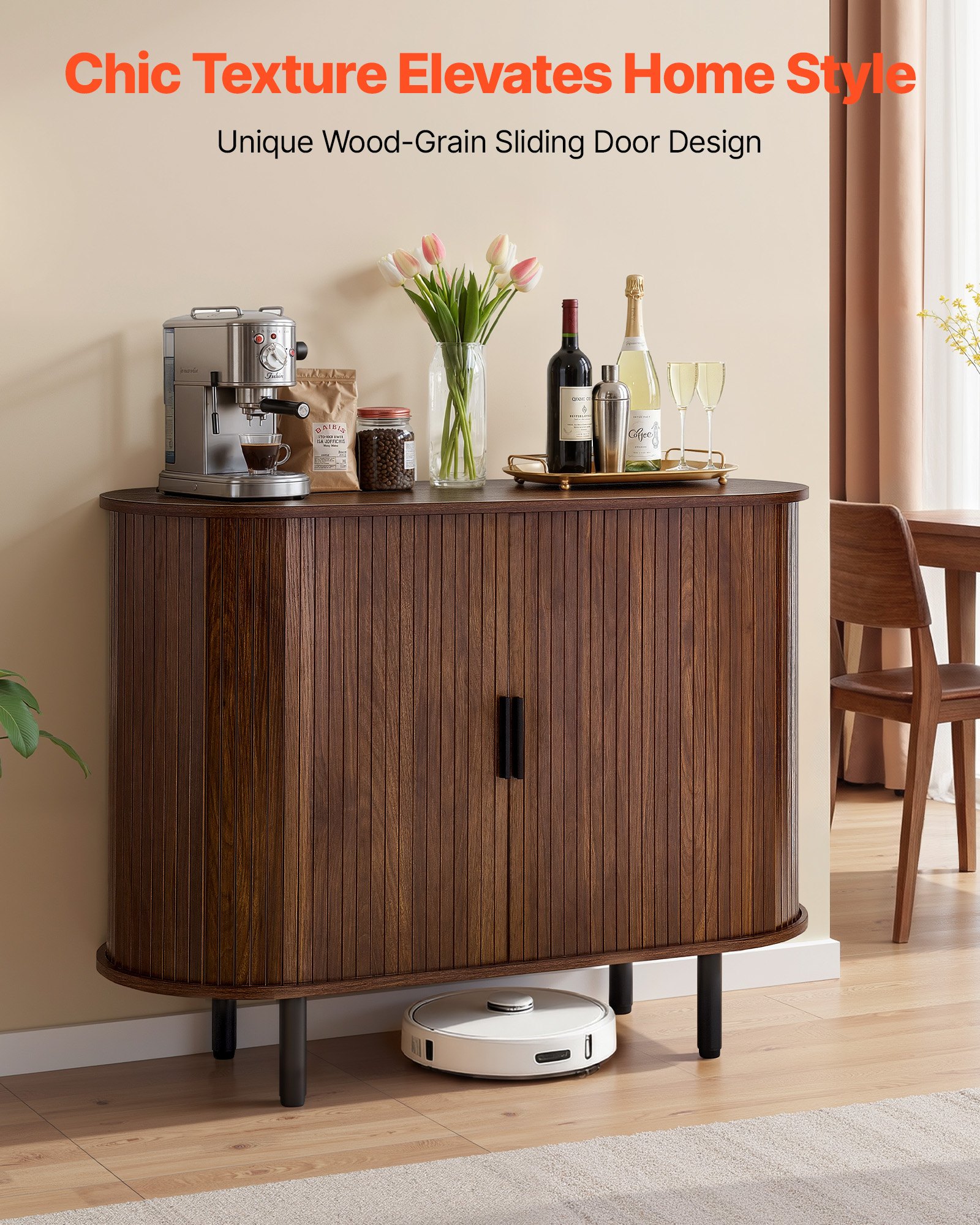 VEVOR Coffee Bar Cabinet, Mid Century Fluted Coffee Bar Table, Buffet Stand Cabinet with 2 Sliding Doors, Sideboard Buffet Station for Living Room, Entryway, Kitchen, 100 x 40 x 75 cm, Walnut