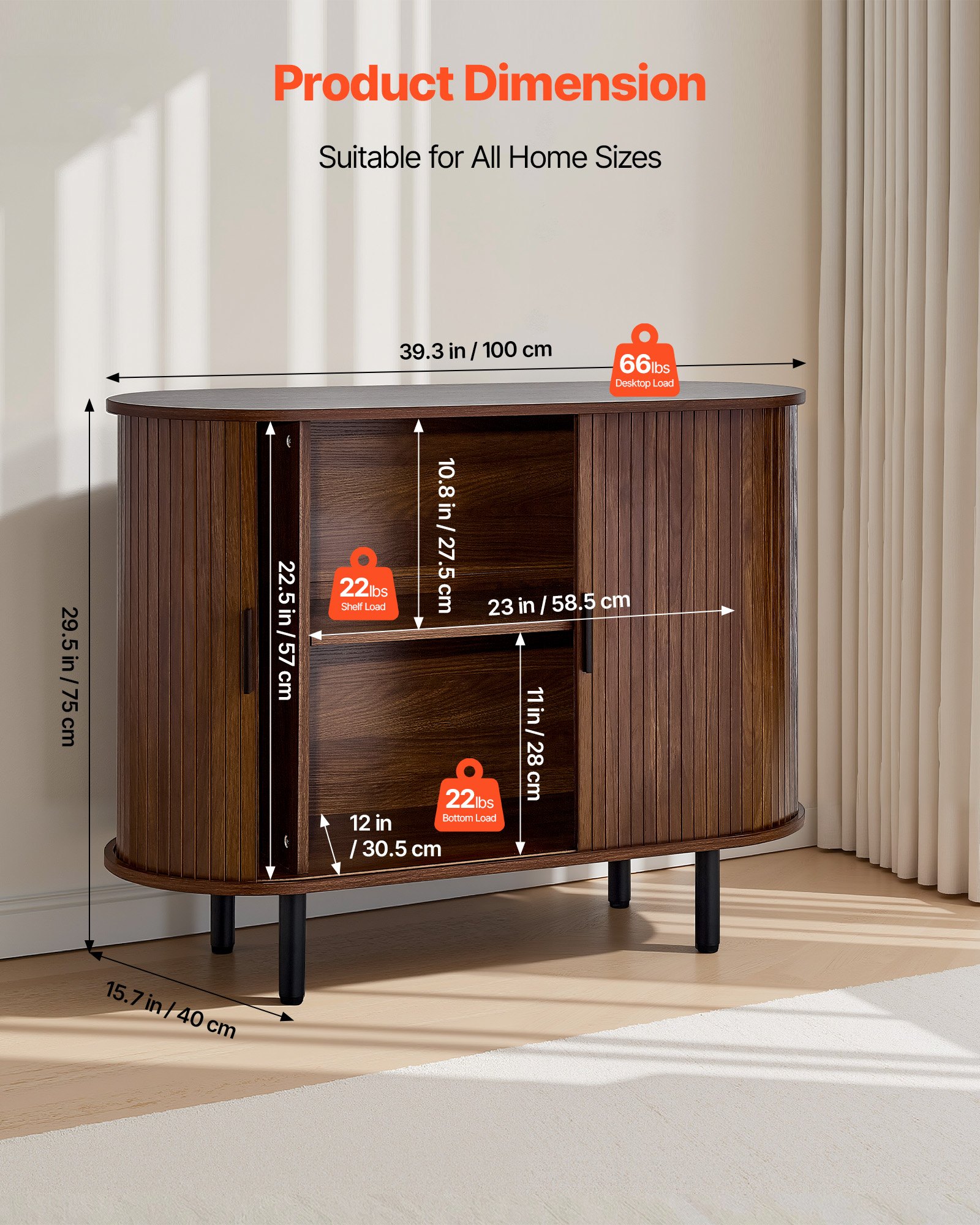 VEVOR Coffee Bar Cabinet, Mid Century Fluted Coffee Bar Table, Buffet Stand Cabinet with 2 Sliding Doors, Sideboard Buffet Station for Living Room, Entryway, Kitchen, 100 x 40 x 75 cm, Walnut