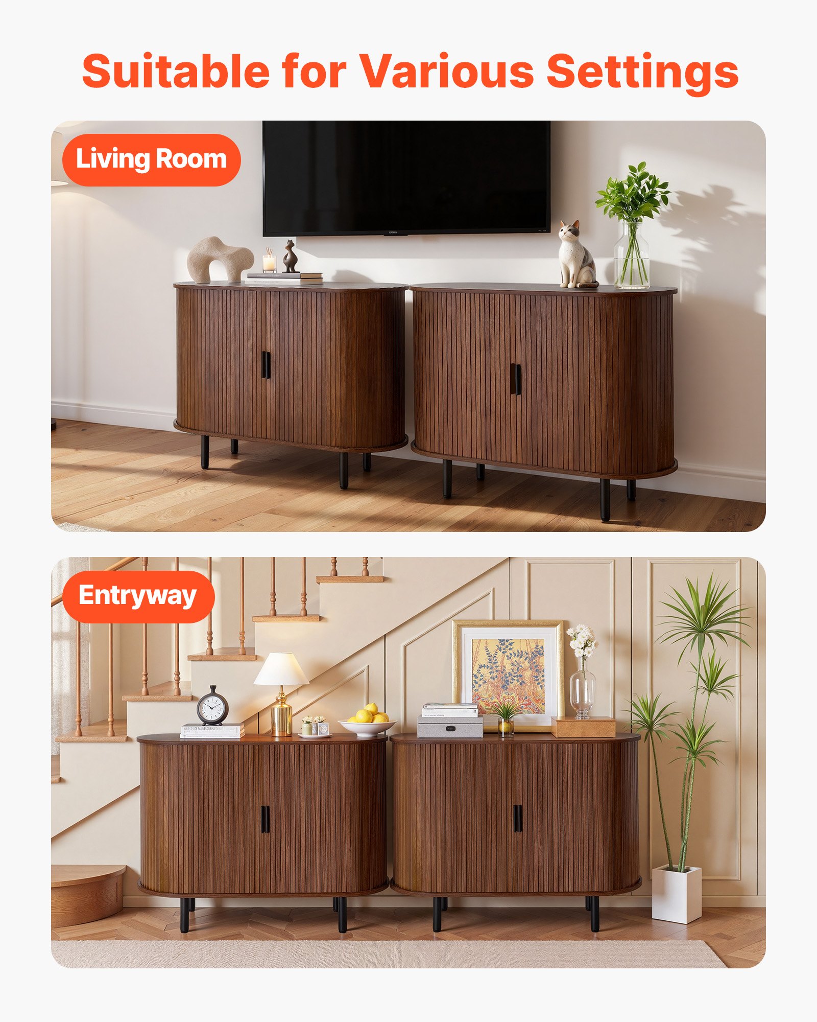 VEVOR Coffee Bar Cabinet, Mid Century Fluted Coffee Bar Table, Buffet Stand Cabinet with 2 Sliding Doors, Sideboard Buffet Station for Living Room, Entryway, Kitchen, 100 x 40 x 75 cm, Walnut