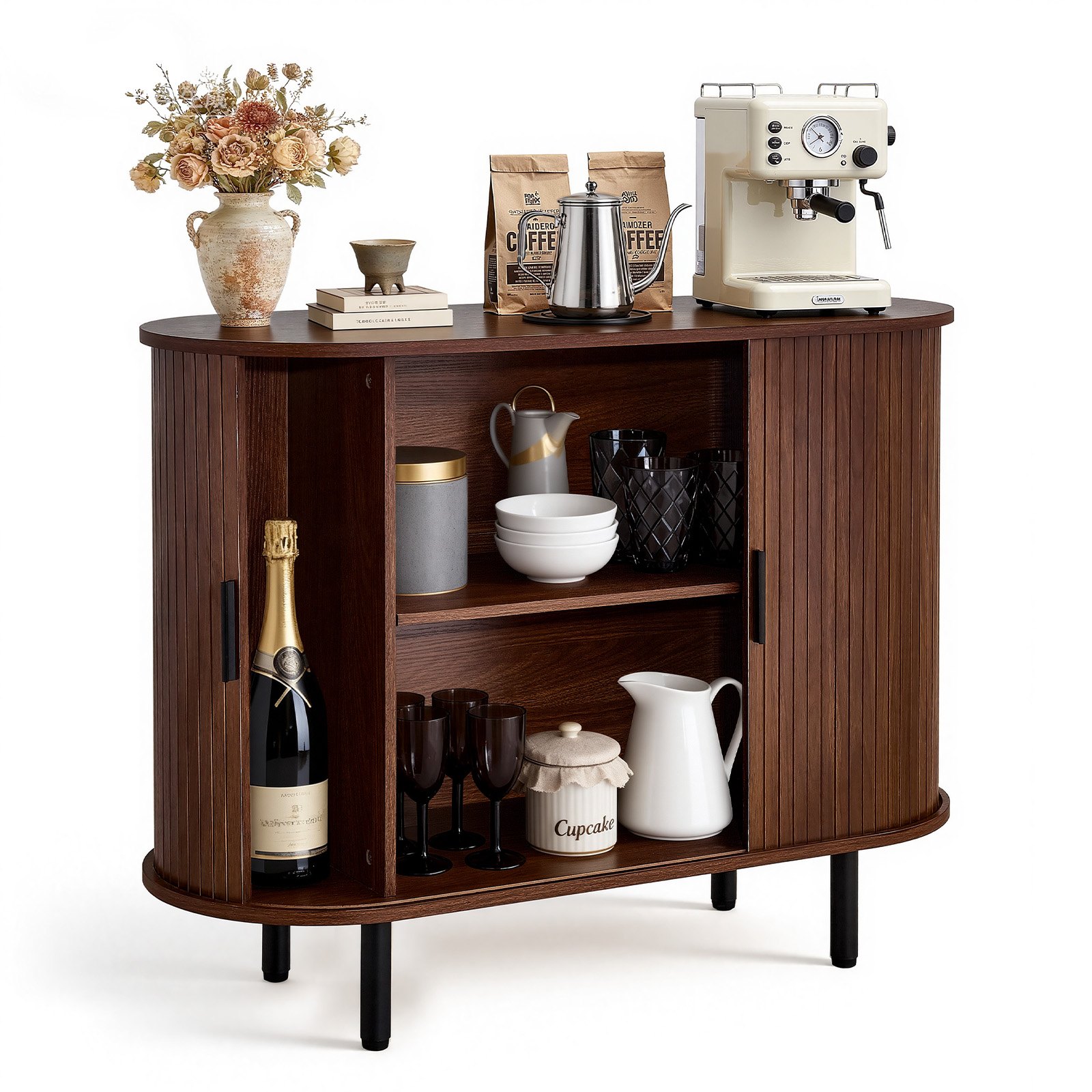 VEVOR Coffee Bar Cabinet, Mid Century Fluted Coffee Bar Table, Buffet Stand Cabinet with 2 Sliding Doors, Sideboard Buffet Station for Living Room, Entryway, Kitchen, 100 x 40 x 75 cm, Walnut