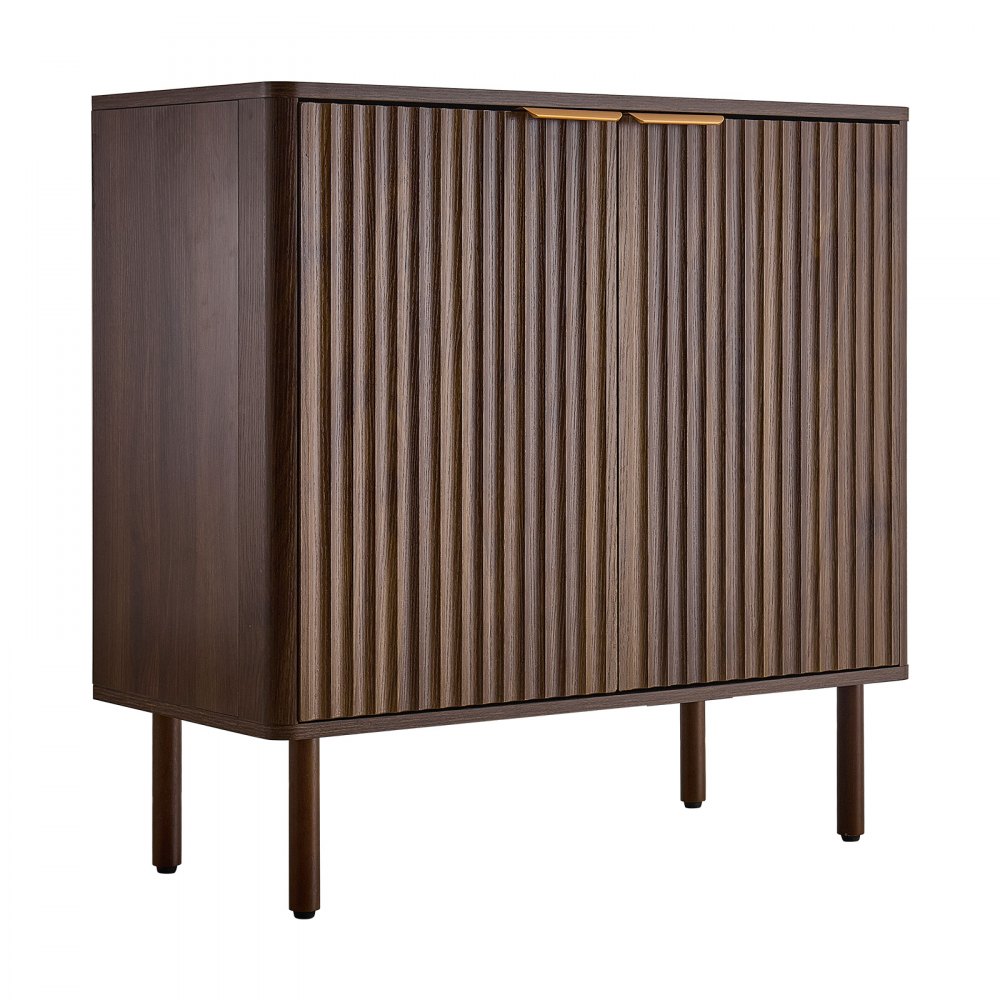 VEVOR Coffee Bar Cabinet, Mid Century Fluted Coffee Bar Table with 2-Tier Storage, Buffet Stand Cabinet with Barn Door, Sideboard Buffet Station for Living Room, Entryway, 80 x 37.5 x 80 cm Walnut