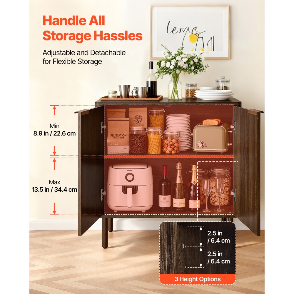 VEVOR Dressoir Keukenkast met 2 planken, buffetkast in middeleeuwse stijl voor woonkamer, hal, keuken, opbergkast 80 x 37,5 x 80 cm Walnoot Keukenbuffet