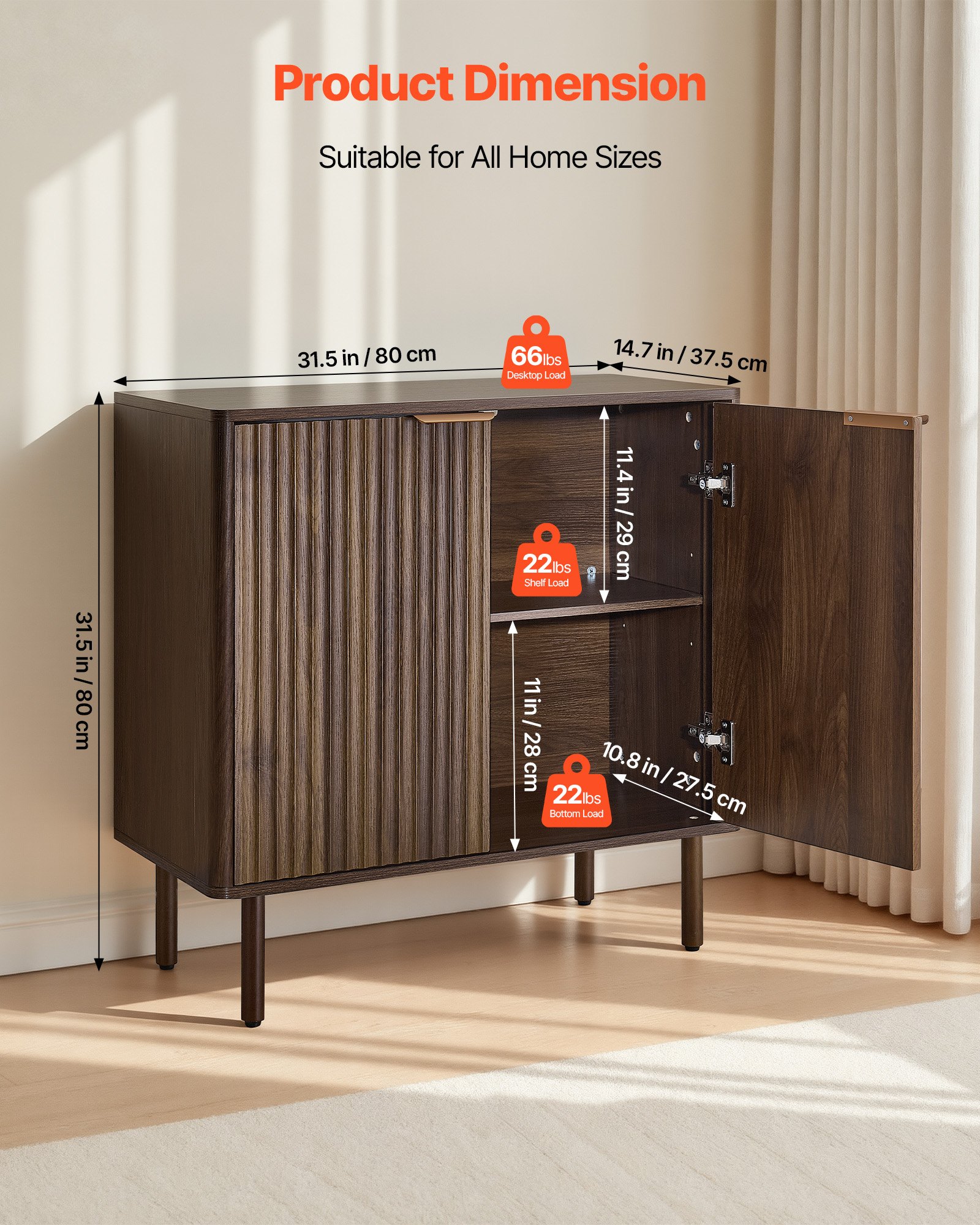 VEVOR Dressoir Keukenkast met 2 planken, buffetkast in middeleeuwse stijl voor woonkamer, hal, keuken, opbergkast 80 x 37,5 x 80 cm Walnoot Keukenbuffet
