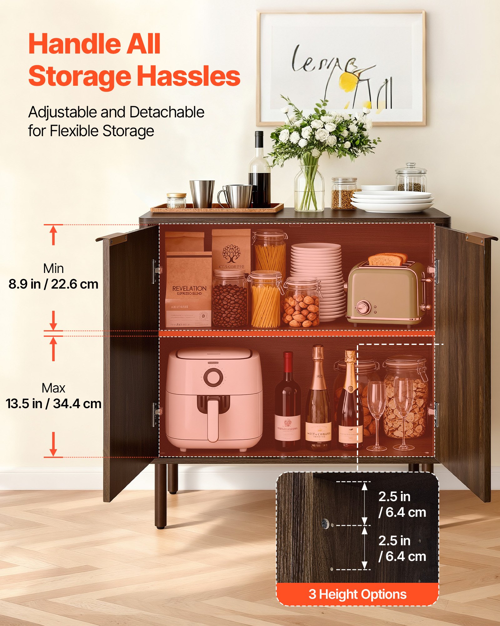 VEVOR Dressoir Keukenkast met 2 planken, buffetkast in middeleeuwse stijl voor woonkamer, hal, keuken, opbergkast 80 x 37,5 x 80 cm Walnoot Keukenbuffet