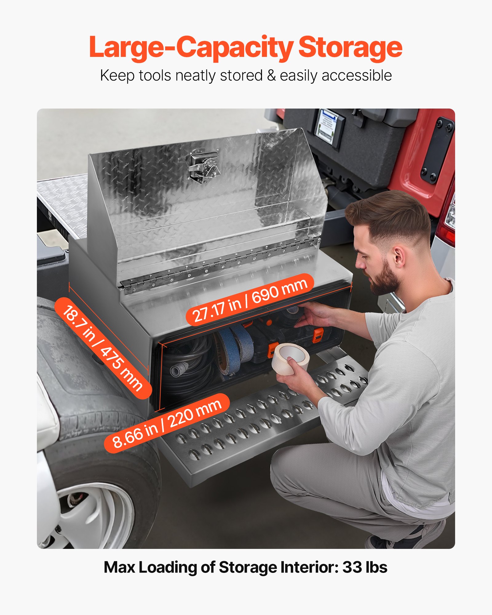 VEVOR Semi-Truck Step Tool Box, 760 x 750 x 400 mm Heavy Duty Aluminum Diamond Plate Toolbox, Waterproof Cab Entry Step Storage Box with T-Handle Lock & Keys for Flatbed, Crane, and Semi Trucks