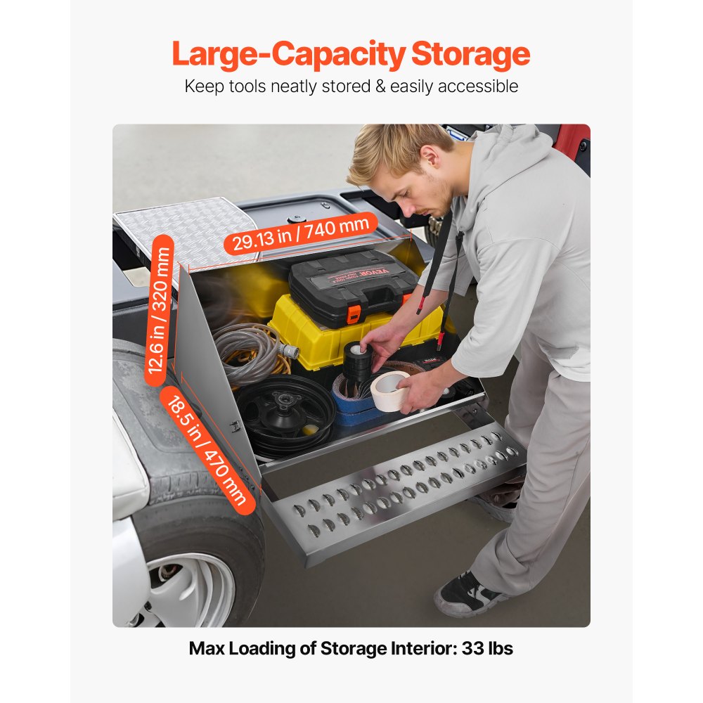 VEVOR Semi-trailer Tredebox, 790x770x485 mm, aluminium gereedschapskist, opbergbox voor toegang tot de bestuurderscabine met schokabsorberende vergrendeling voor diepladers, kranen en opleggers