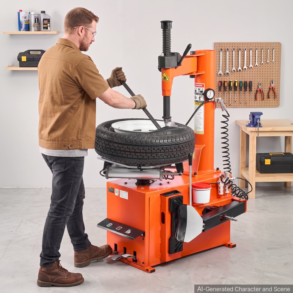 VEVOR 1100W elektrische bandenwisselaar, oranje, voor autoreparatiewerkplaatsen, extern klembereik 254–457 mm, intern klembereik 305–559 mm, maximale velgbreedte 12 inch, pedaalbediening