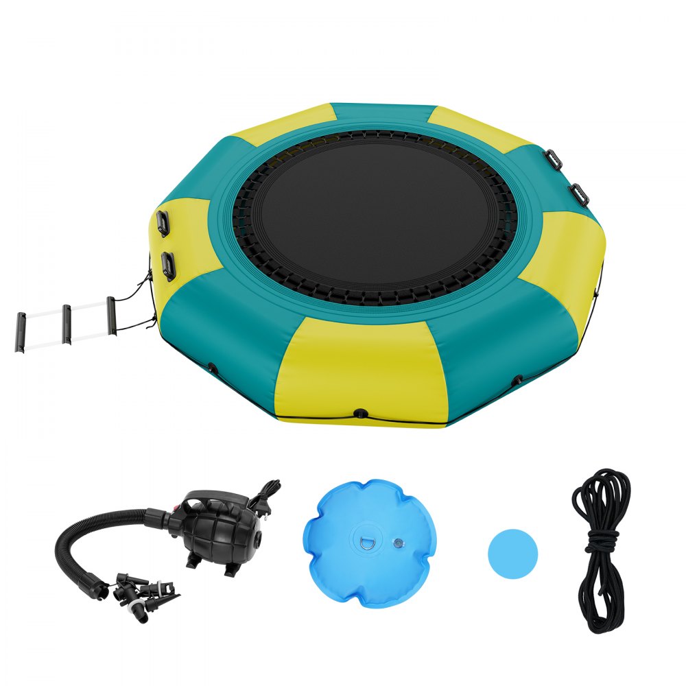 VEVOR opblaasbare watertrampoline met ladder, waterdicht, slijtvast, watertrampolines 3,05 m groot springoppervlak, springplatform waterpark zwembadtrampoline, geel + groen 185 kg laadvermogen