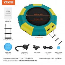VEVOR Inflatable Water Trampoline with Ladder, Waterproof, Abrasion-Resistant, Water Trampoline 3.05 m Large Jumping Area, Jumping Platform Water Park Pool Trampoline, Yellow + Green 185 kg Load Capacity