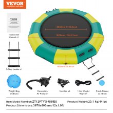 VEVOR Inflatable Water Trampoline with Ladder, Waterproof, Abrasion-Resistant, Water Trampoline 3.66 m Large Jumping Area, Jumping Platform Water Park Pool Trampoline, Yellow + Green 226 kg Load Capacity
