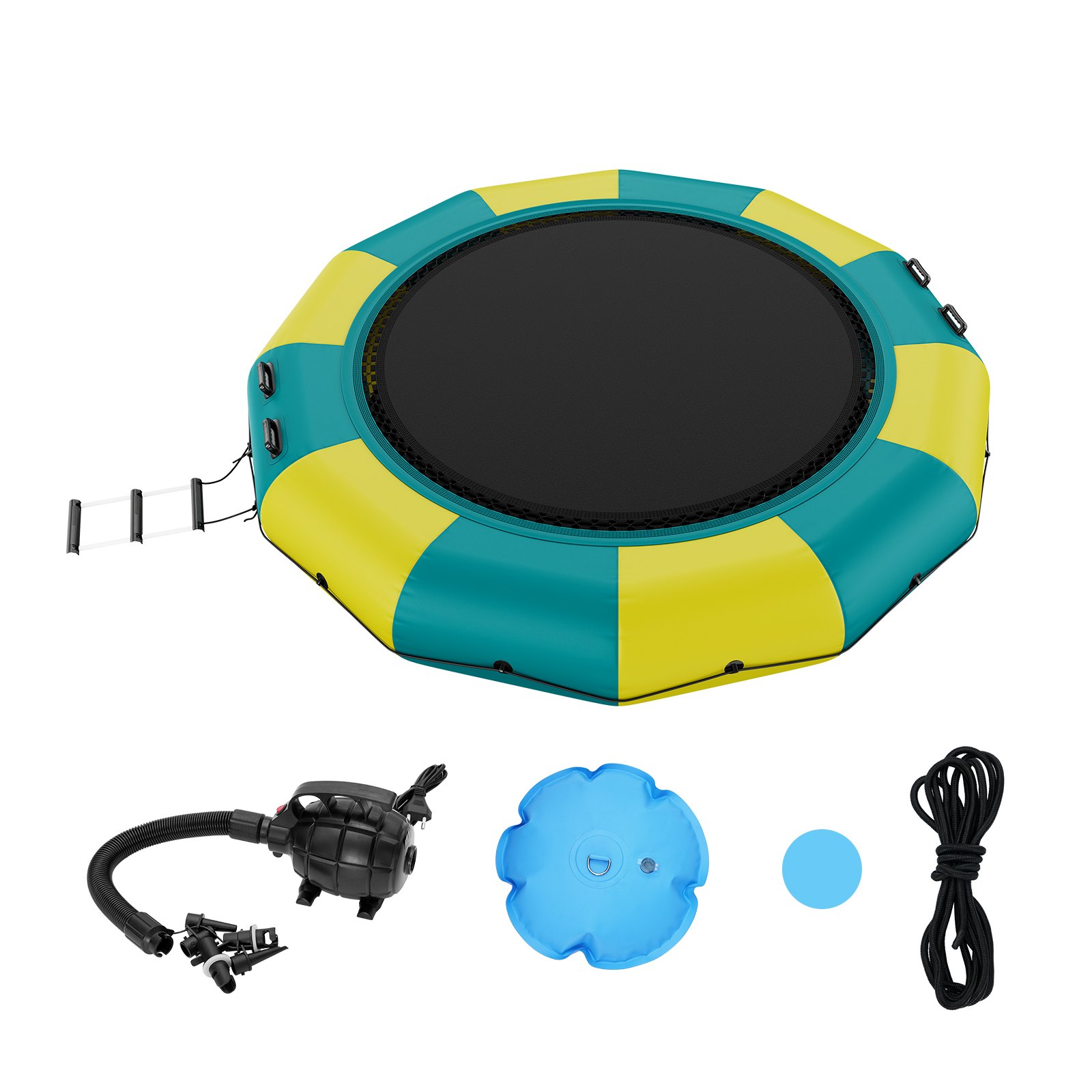 VEVOR Opblaasbare Watertrampoline Ladder, Waterdicht, Slijtvast, Watertrampolines 3,96 m Groot Springoppervlak, Springplatform Waterpark Zwembadtrampoline, Geel + Groen, Draagvermogen 226 kg