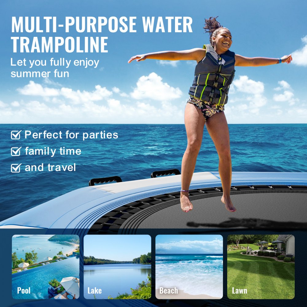 VEVOR Opblaasbare watertrampoline met ladder, waterdicht, slijtvast, watertrampoline 3,05 m groot springoppervlak, springplatform waterpark zwembadtrampoline, blauw + wit, draagvermogen 185 kg