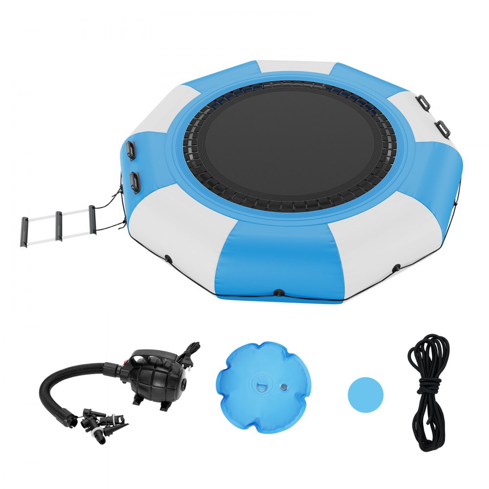 VEVOR Inflatable Water Trampoline with Ladder, Waterproof, Abrasion-Resistant, Water Trampoline 3.05 m Large Jumping Area, Jumping Platform Water Park Pool Trampoline, Blue + White 185 kg Load Capacity