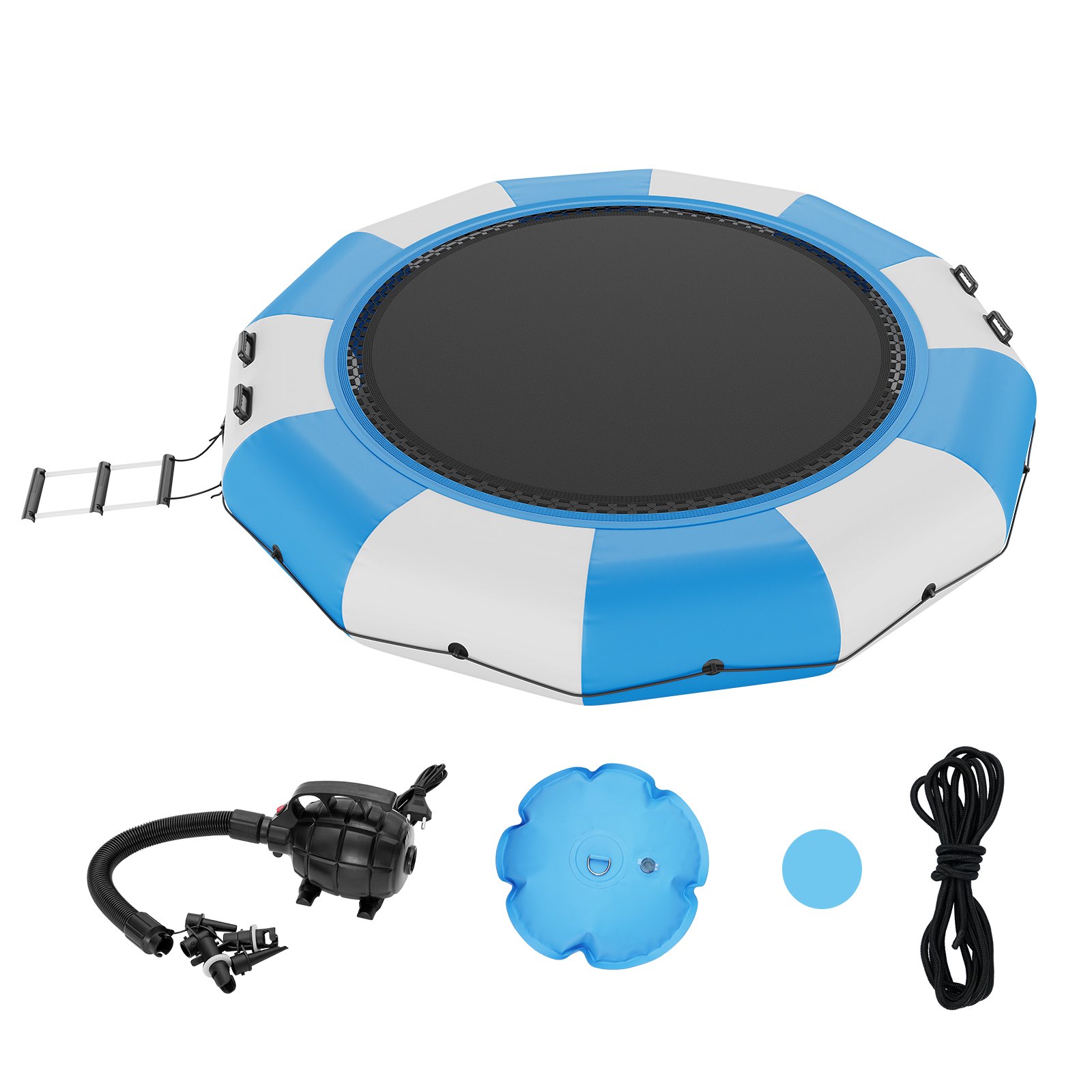 VEVOR Opblaasbare watertrampoline met ladder, waterdicht, slijtvast, watertrampoline, 3,96 m groot springoppervlak, springplatform, waterpark zwembadtrampoline, blauw + wit, draagvermogen 226 kg
