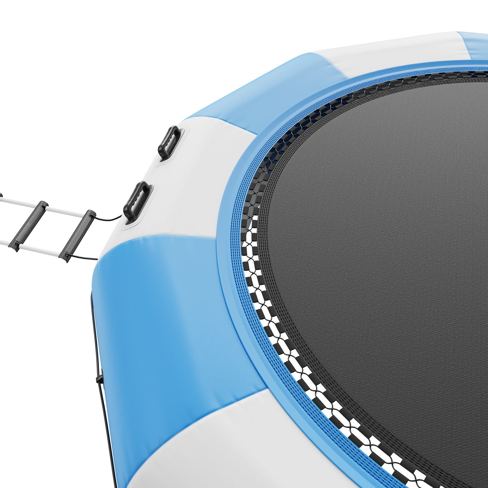 VEVOR Opblaasbare watertrampoline met ladder, waterdicht, slijtvast, watertrampoline, 3,96 m groot springoppervlak, springplatform, waterpark zwembadtrampoline, blauw + wit, draagvermogen 226 kg