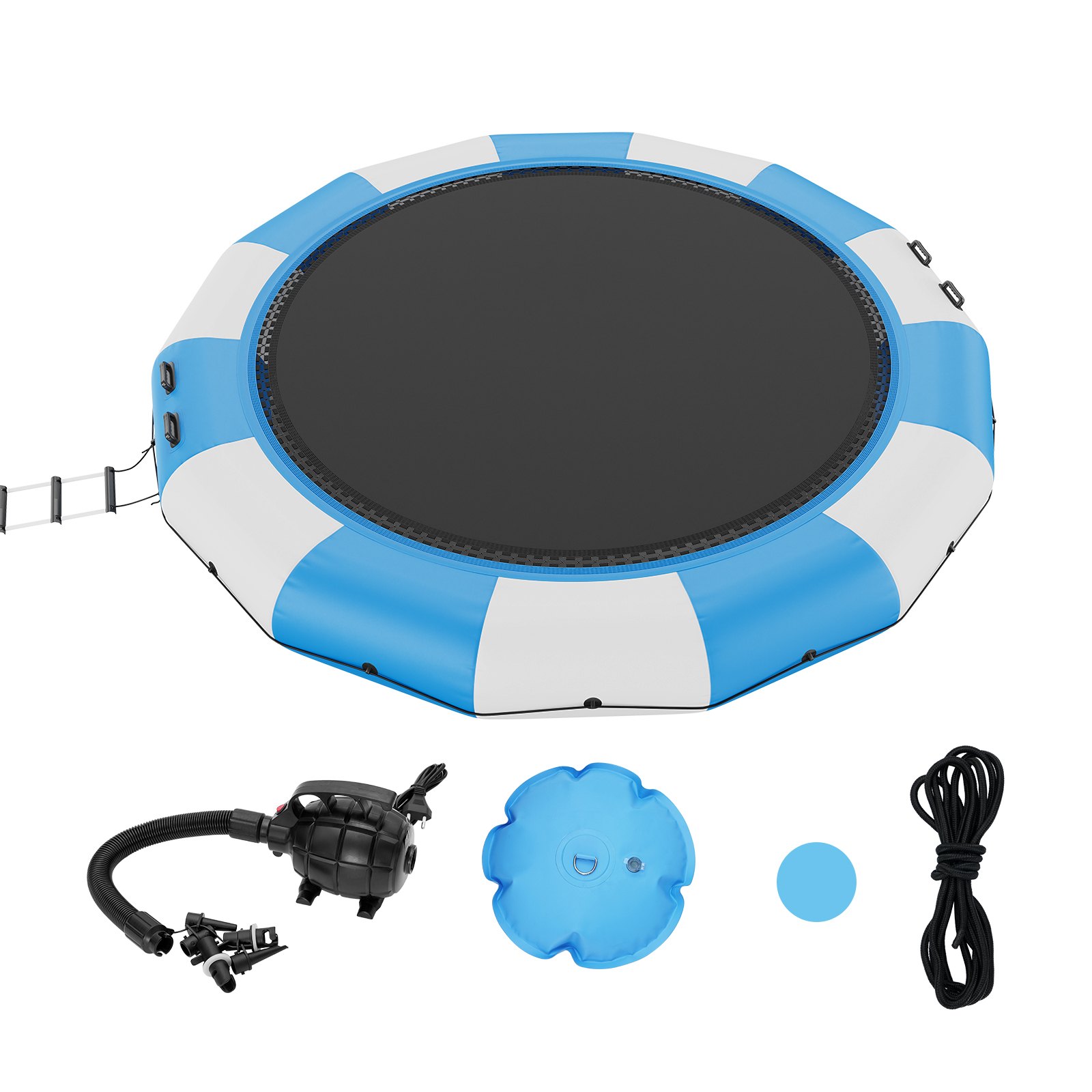 VEVOR Opblaasbare watertrampolineladder, waterdicht, slijtvast, duurzame watertrampoline met 4,57 m springoppervlak, springplatform voor waterparkzwembadtrampoline, draagvermogen 360 kg, blauw en wit