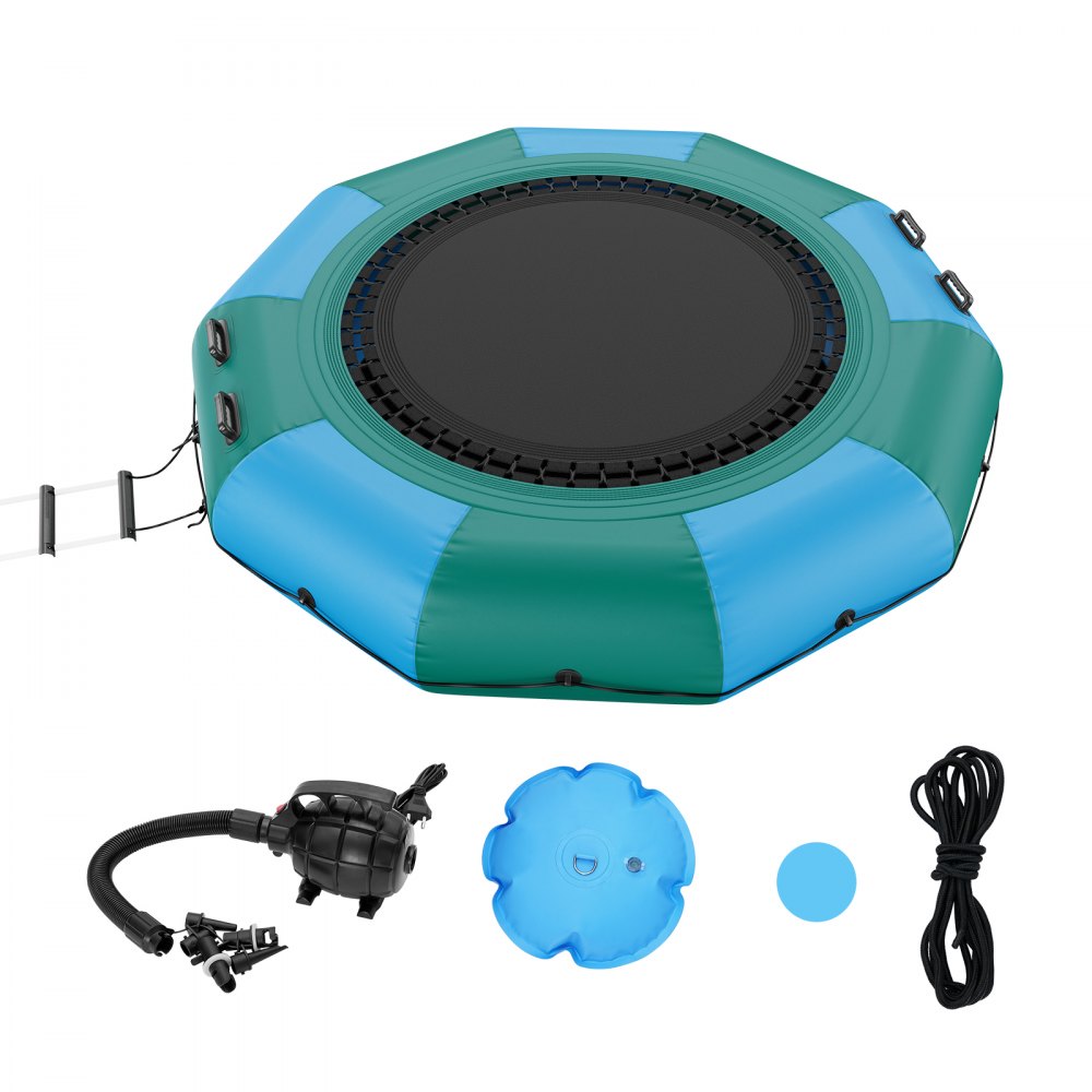 VEVOR Inflatable Water Trampoline with Ladder, Waterproof, Abrasion-Resistant, Water Trampoline 3.05 m Large Jumping Area, Jumping Platform Water Park Pool Trampoline, Blue + Green 185 kg Load Capacity