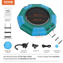 VEVOR Inflatable Water Trampoline with Ladder, Waterproof, Abrasion-Resistant, Water Trampoline 3.05 m Large Jumping Area, Jumping Platform Water Park Pool Trampoline, Blue + Green 185 kg Load Capacity