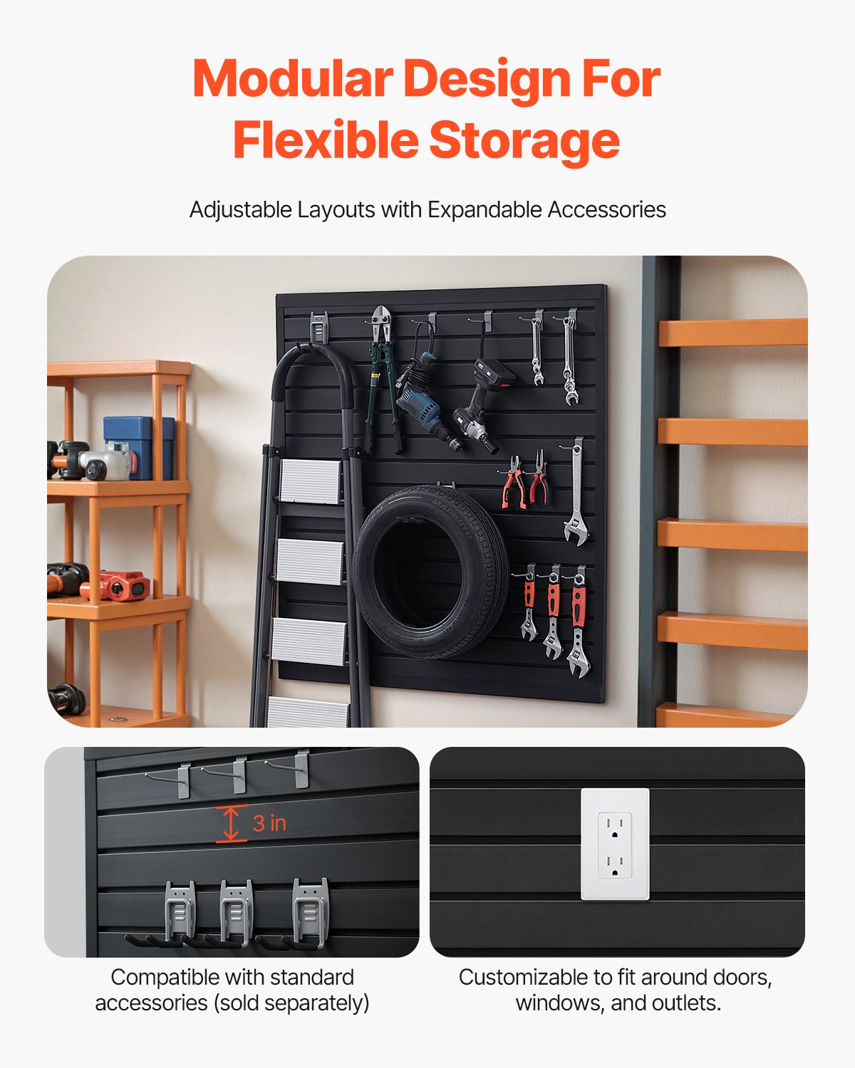 VEVOR Gereedschapswand 1230x1235x20 mm, PVC Garage Slatwall, 136 kg per paneel, Zwarte Wandorganizer, Slatwall Paneel met Koppelingsstructuur & DIY Zagen, Geschikt voor Opslag & Display