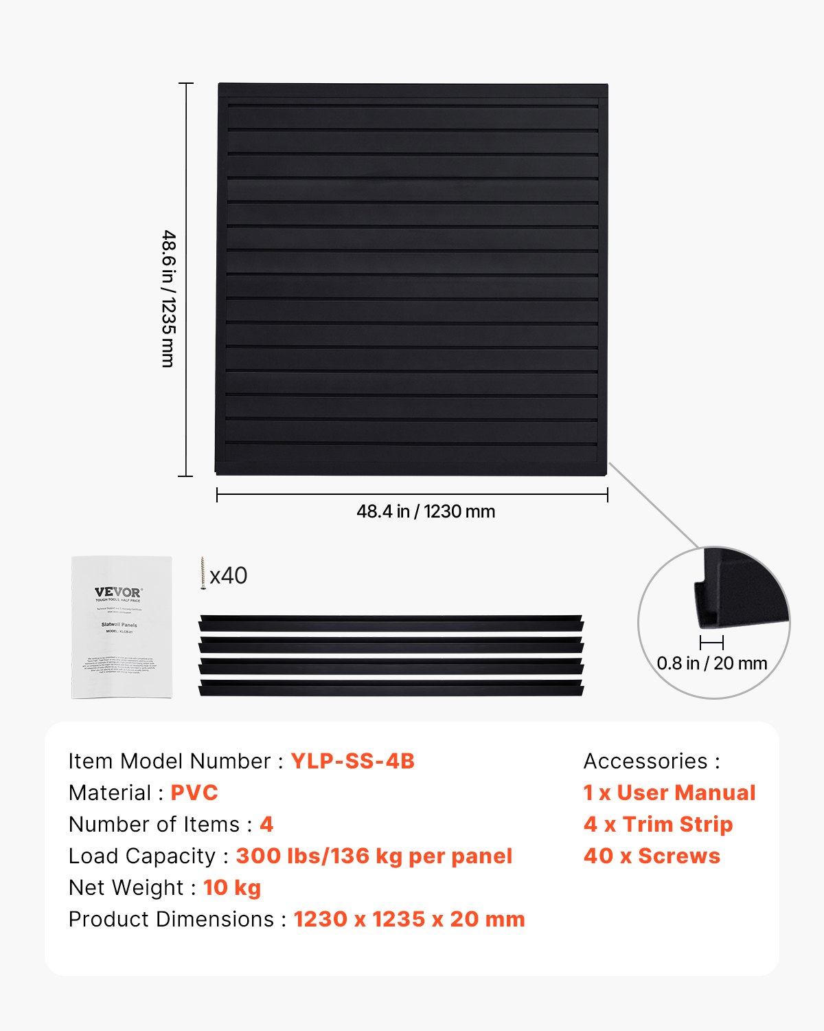 VEVOR Gereedschapswand 1230x1235x20 mm, PVC Garage Slatwall, 136 kg per paneel, Zwarte Wandorganizer, Slatwall Paneel met Koppelingsstructuur & DIY Zagen, Geschikt voor Opslag & Display