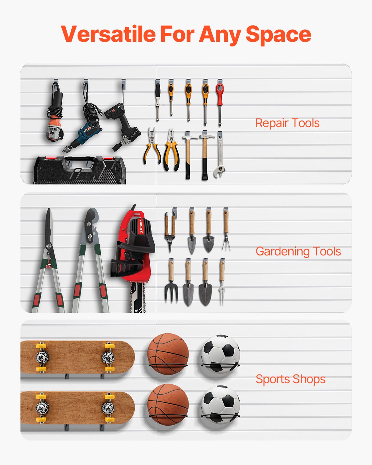 VEVOR Gereedschapswand 1225x2450x20mm, PVC Garage Slatwall met Accessoires, 136 kg, Witte Wandorganizer, Slatwall Paneel met Verbindingsstructuur & DIY Zagen, Geschikt voor Opslag & Presentatie