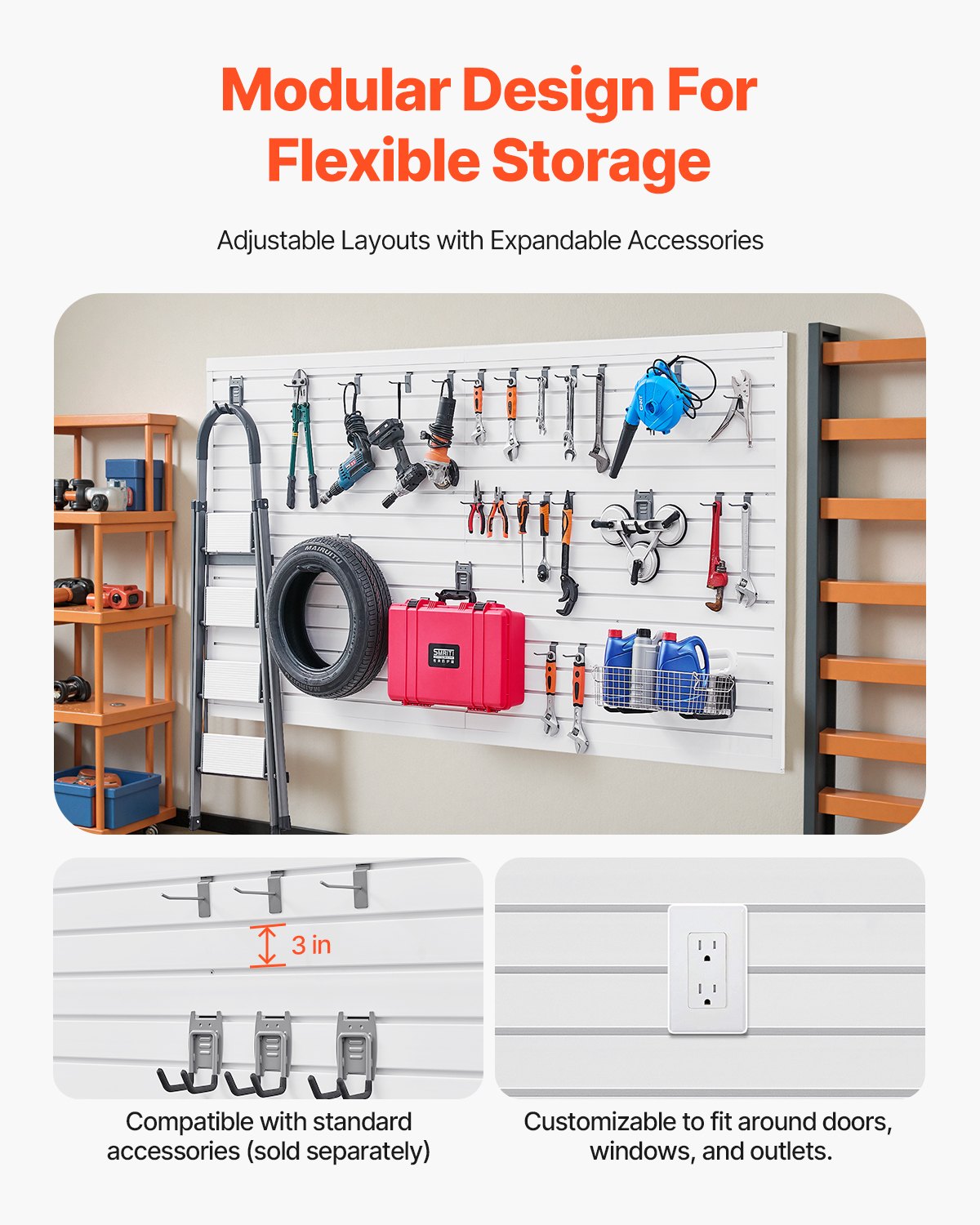 VEVOR Gereedschapswand 1225x2450x20mm, PVC Garage Slatwall met Accessoires, 136 kg, Witte Wandorganizer, Slatwall Paneel met Verbindingsstructuur & DIY Zagen, Geschikt voor Opslag & Presentatie