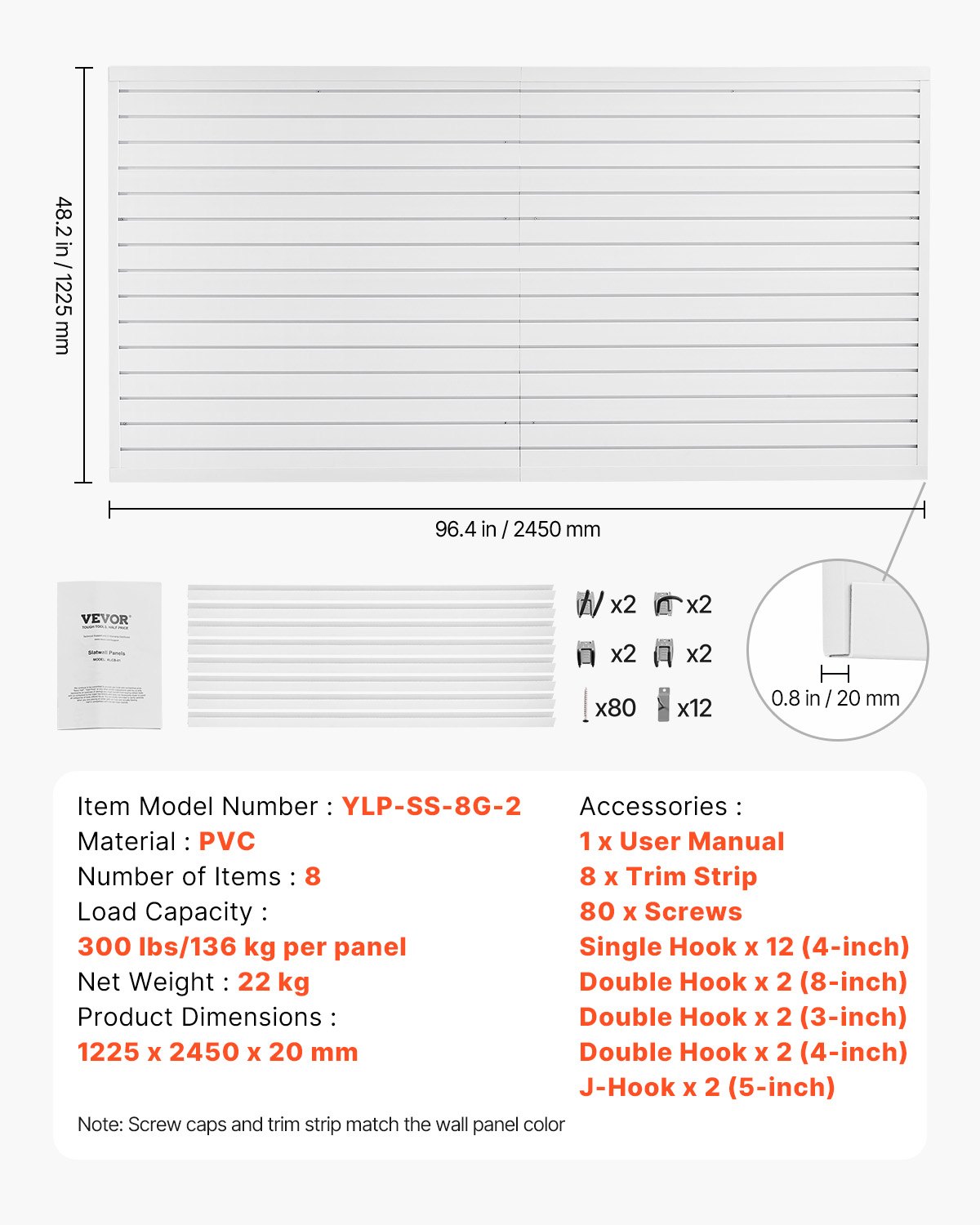 VEVOR Gereedschapswand 1225x2450x20mm, PVC Garage Slatwall met Accessoires, 136 kg, Witte Wandorganizer, Slatwall Paneel met Verbindingsstructuur & DIY Zagen, Geschikt voor Opslag & Presentatie