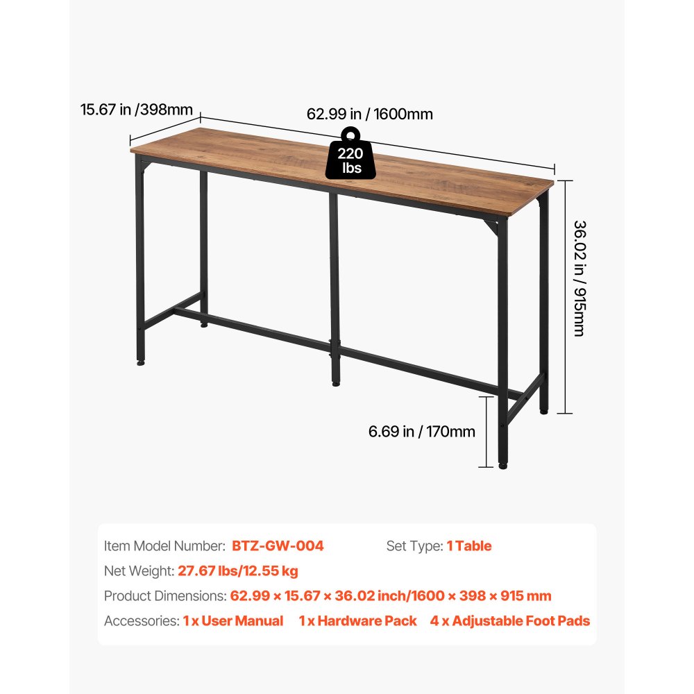 VEVOR bartafel met afgeronde randen en uitschuifbaar horizontaal ontwerp, rechthoekige bartafel/staande tafel (1600 x 398 x 915 mm), bistrotafel/eettafel, lichtbruin/zwart, geschikt voor minibars