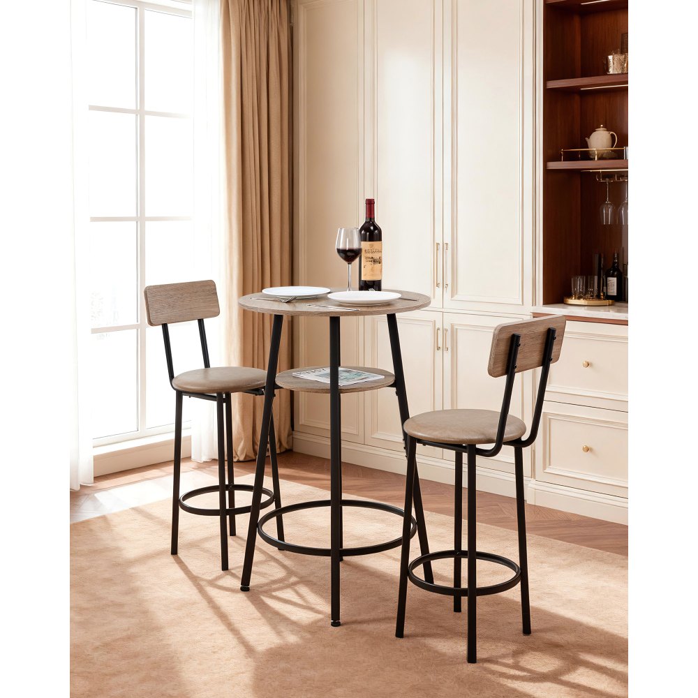 VEVOR Bartafelset (3-delig) met 2 barkrukken en afgeronde randen, ronde cafétafel, staande tafel (600 x 915 mm), bistrotafel, eettafel, lichtgrijs, zwart, geschikt voor kantoor, minibar, ontbijthoek
