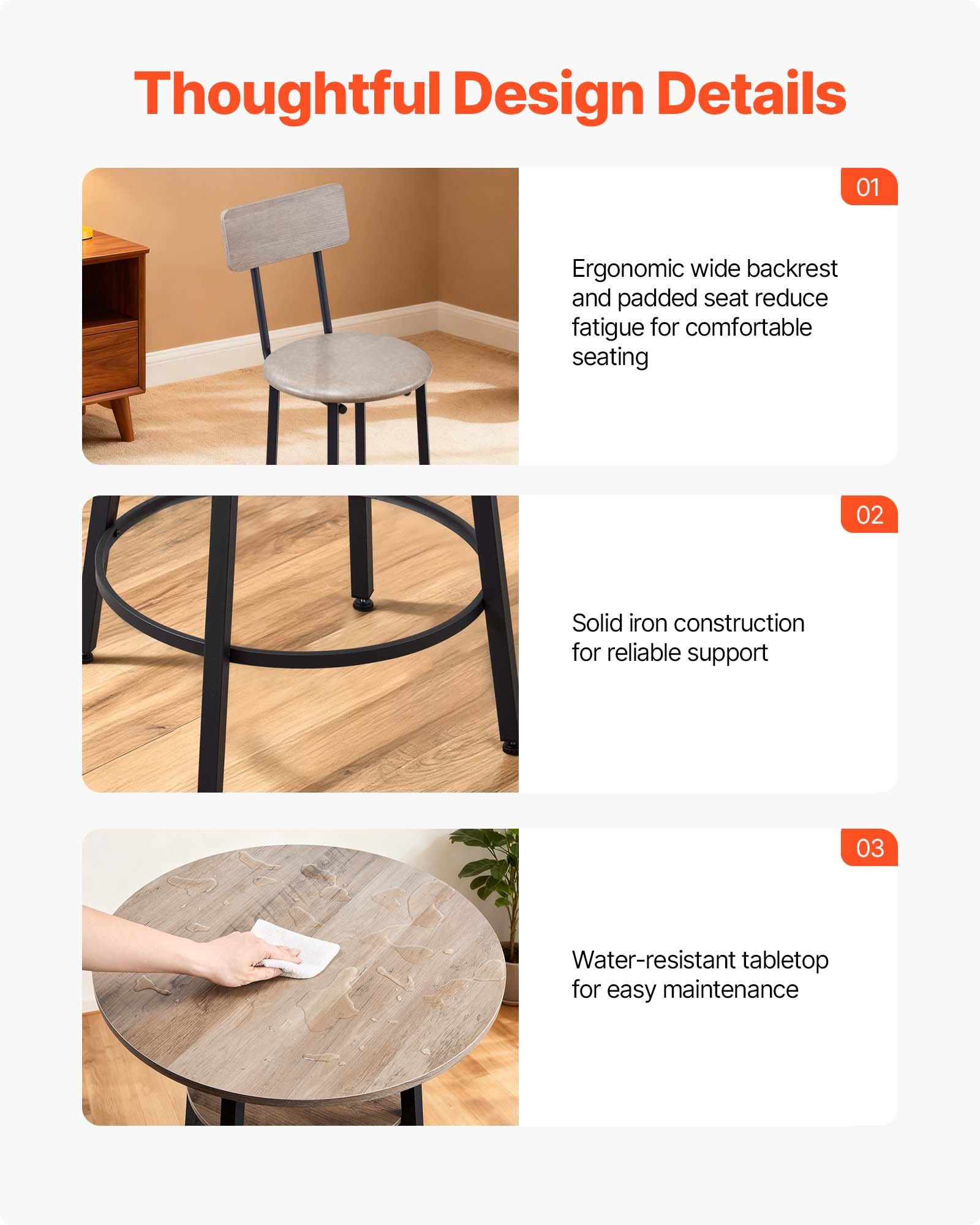 VEVOR Bartafelset (3-delig) met 2 barkrukken en afgeronde randen, ronde cafétafel, staande tafel (600 x 915 mm), bistrotafel, eettafel, lichtgrijs, zwart, geschikt voor kantoor, minibar, ontbijthoek