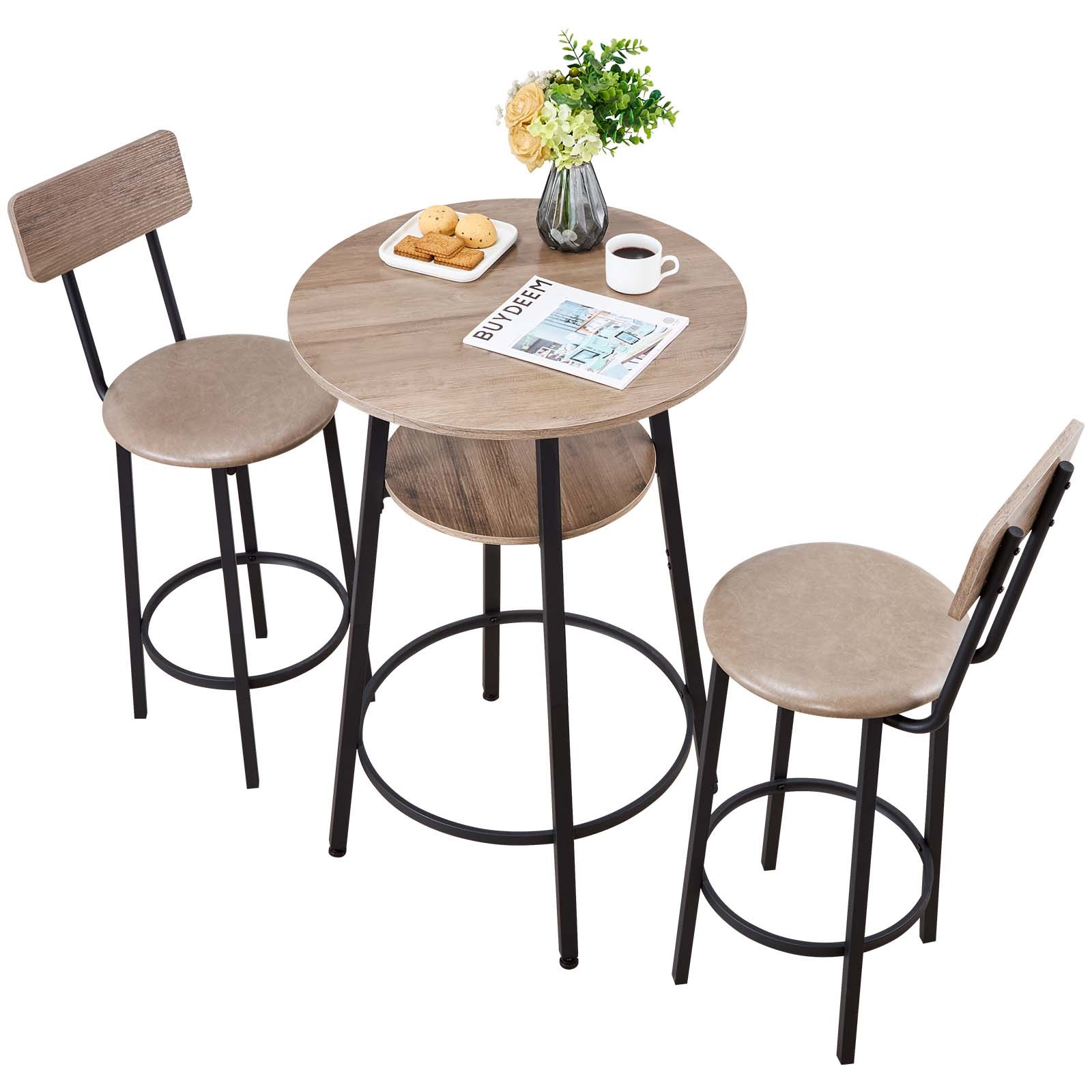 VEVOR Bartafelset (3-delig) met 2 barkrukken en afgeronde randen, ronde cafétafel, staande tafel (600 x 915 mm), bistrotafel, eettafel, lichtgrijs, zwart, geschikt voor kantoor, minibar, ontbijthoek