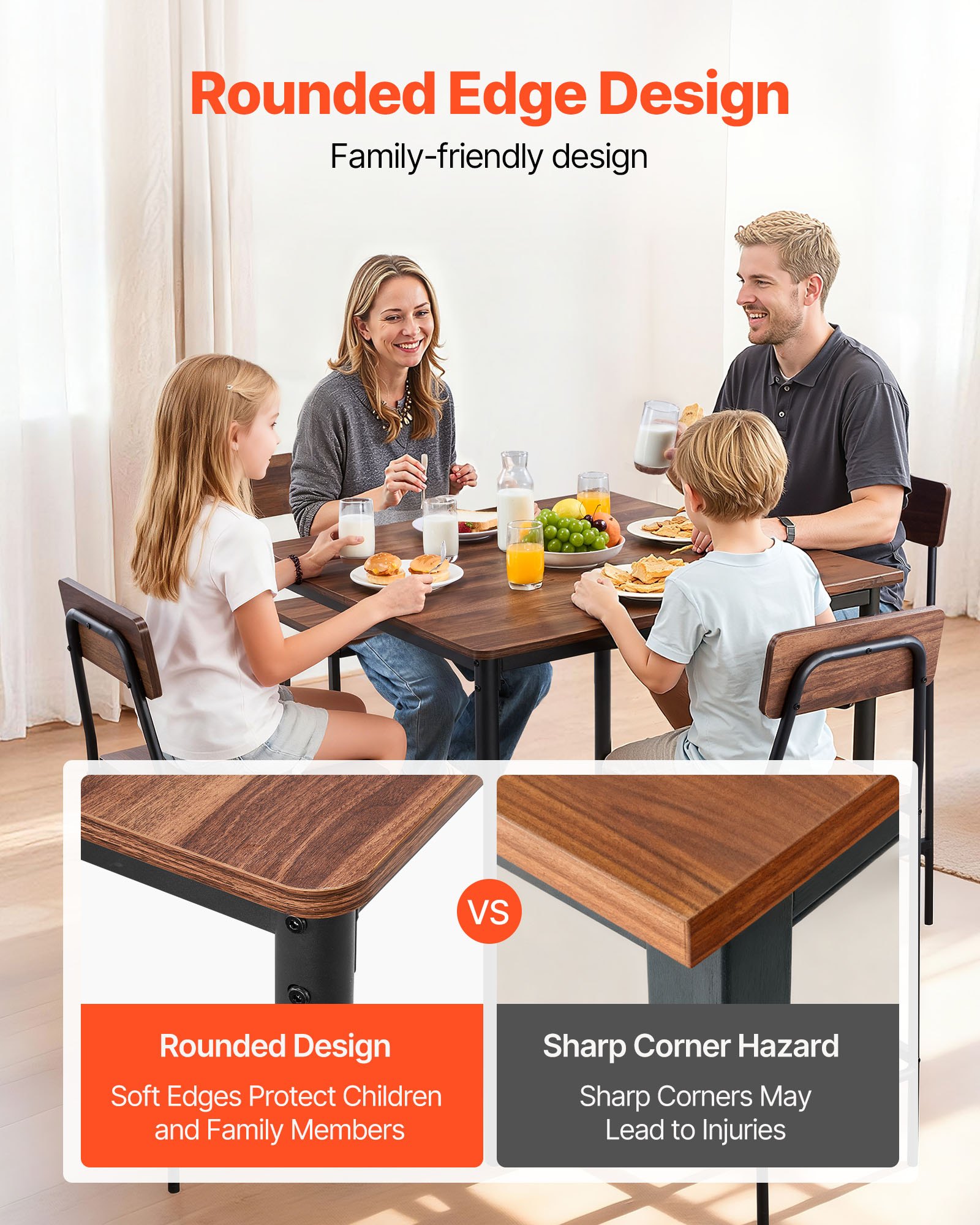 VEVOR Bar Table, 5PCS 35″ Bars Tables Set, Bar Tables and Chair Set with Rounded Edge Design, Square Pub Table with Four Stools for Living Room, Dining Room, Kitchen, Walnut Color, Black