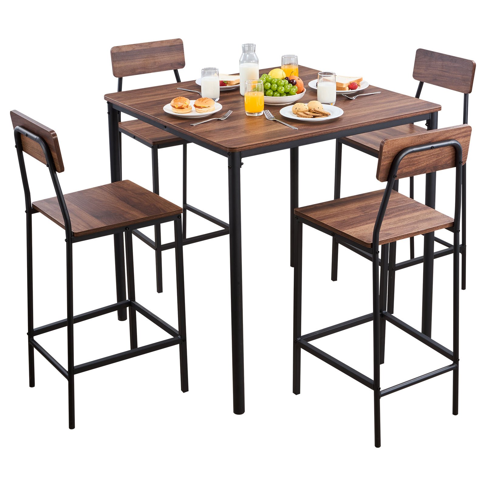 VEVOR Bar Table, 5PCS 35″ Bars Tables Set, Bar Tables and Chair Set with Rounded Edge Design, Square Pub Table with Four Stools for Living Room, Dining Room, Kitchen, Walnut Color, Black