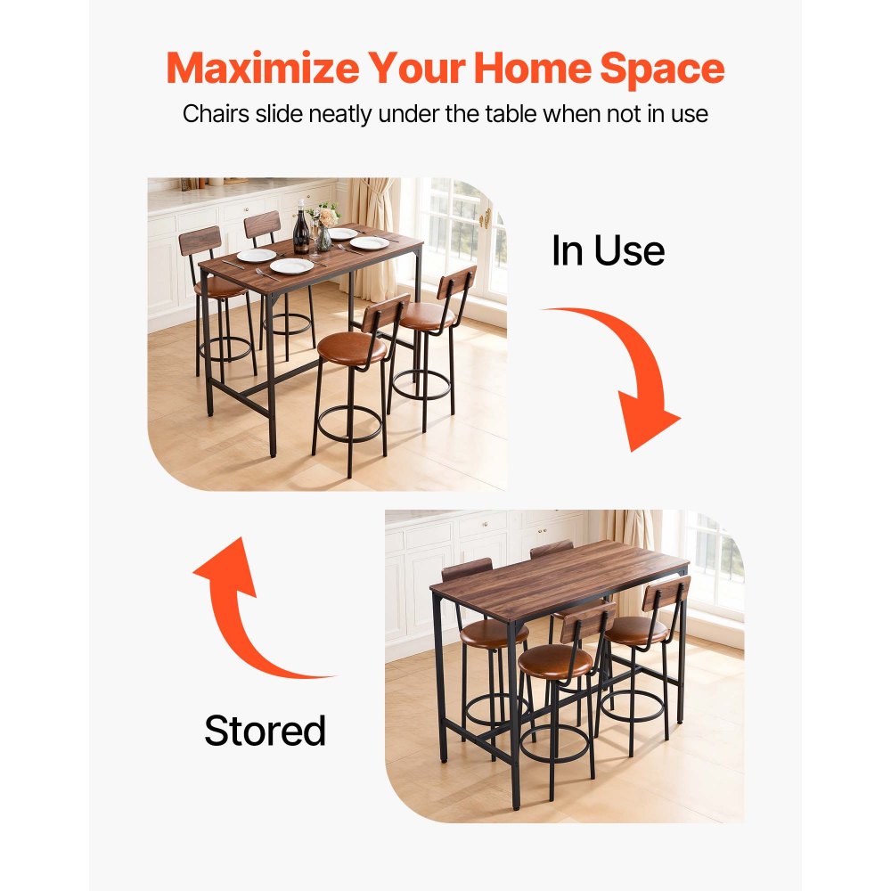 VEVOR Bar Table, 5PCS 47″ Bars Tables Set, Bar Tables and Chair Set with Rounded Edge Design, Rectangular Pub Table with Four Stools for Living Room, Dining Room, Kitchen, Walnut Color, Black