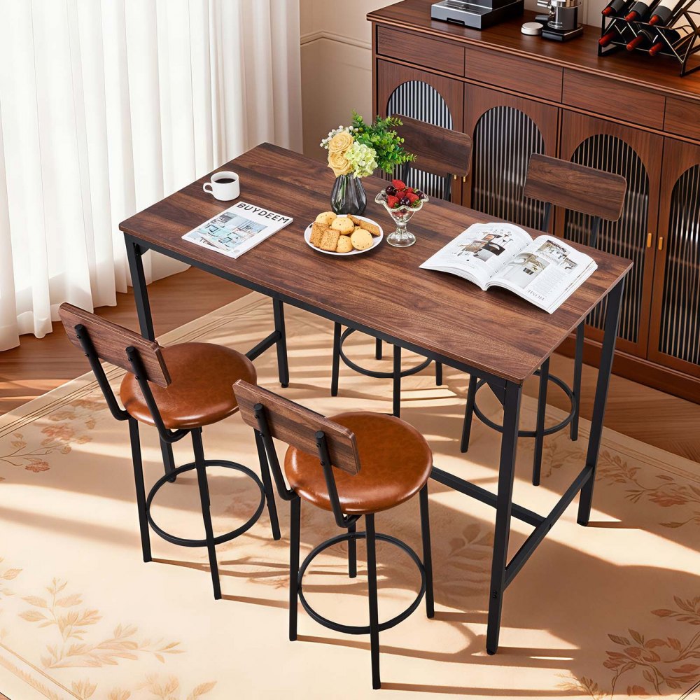 VEVOR Bartafelset (5-delig) met 4 barkrukken en afgeronde randen, rechthoekige bistrotafel, staande tafel (1200 x 600 x 915 mm), bistrotafel, eettafel, geschikt voor kantoor, minibar, eetkamer, woonkamer