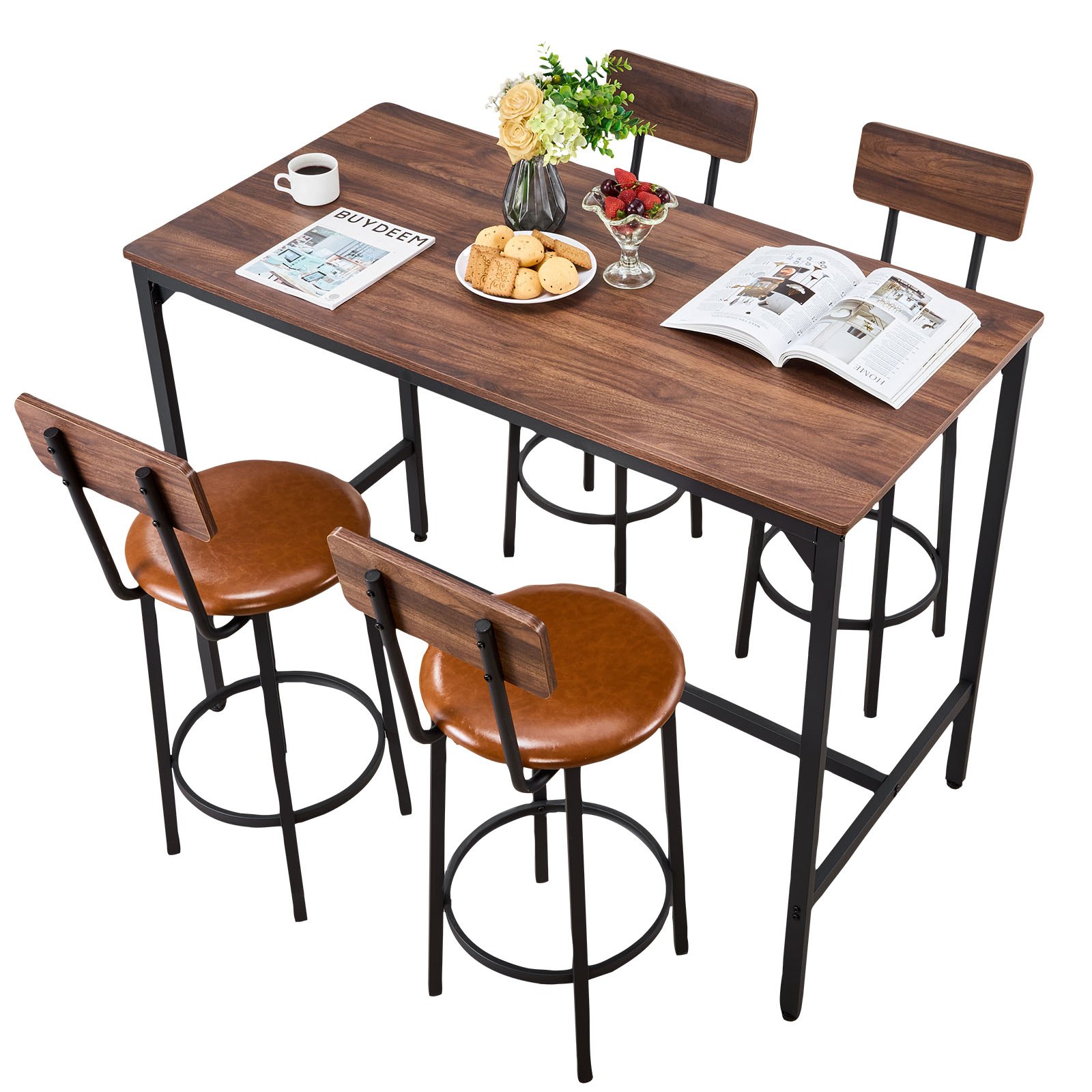 VEVOR Bar Table, 5PCS 47″ Bars Tables Set, Bar Tables and Chair Set with Rounded Edge Design, Rectangular Pub Table with Four Stools for Living Room, Dining Room, Kitchen, Walnut Color, Black