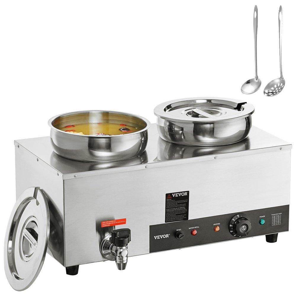 VEVOR Stainless Steel Buffet Warmer Food Warmer 1200W 2 x 8.1L Buffet Container φ180 x φ240 x 220mm Each Soup Pot Includes Lid & Drain Tap & Dry Burning Indicator for Canteen Cafe Restaurant Etc.