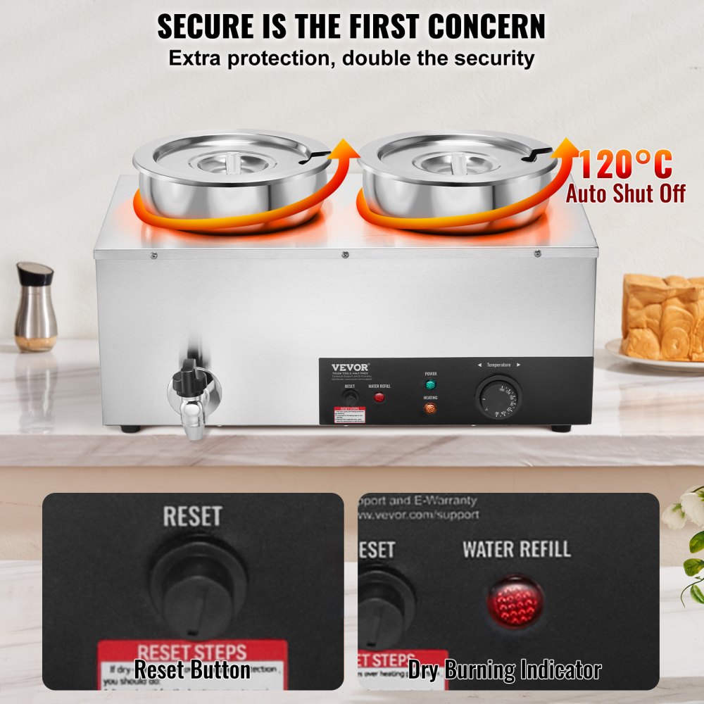 VEVOR Electric Soup Warmer, Dual 7.4QT Stainless Steel Round Pot, 1200W Commercial Food Warmer, 86~185°F Adjustable Temp, Bain Marie with Anti-Dry Burn and Reset Button, for Restaurant, Buffet