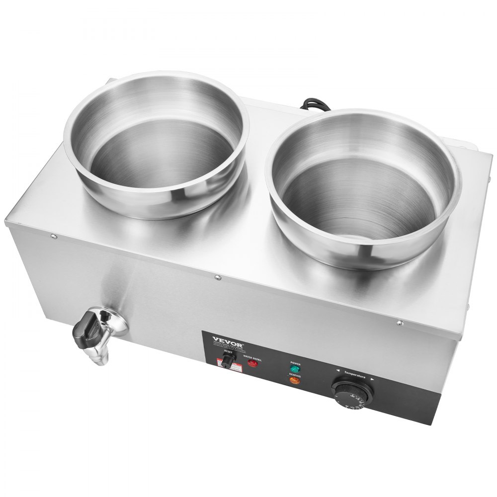 VEVOR Electric Soup Warmer, Dual 7.4QT Stainless Steel Round Pot, 1200W Commercial Food Warmer, 86~185°F Adjustable Temp, Bain Marie with Anti-Dry Burn and Reset Button, for Restaurant, Buffet