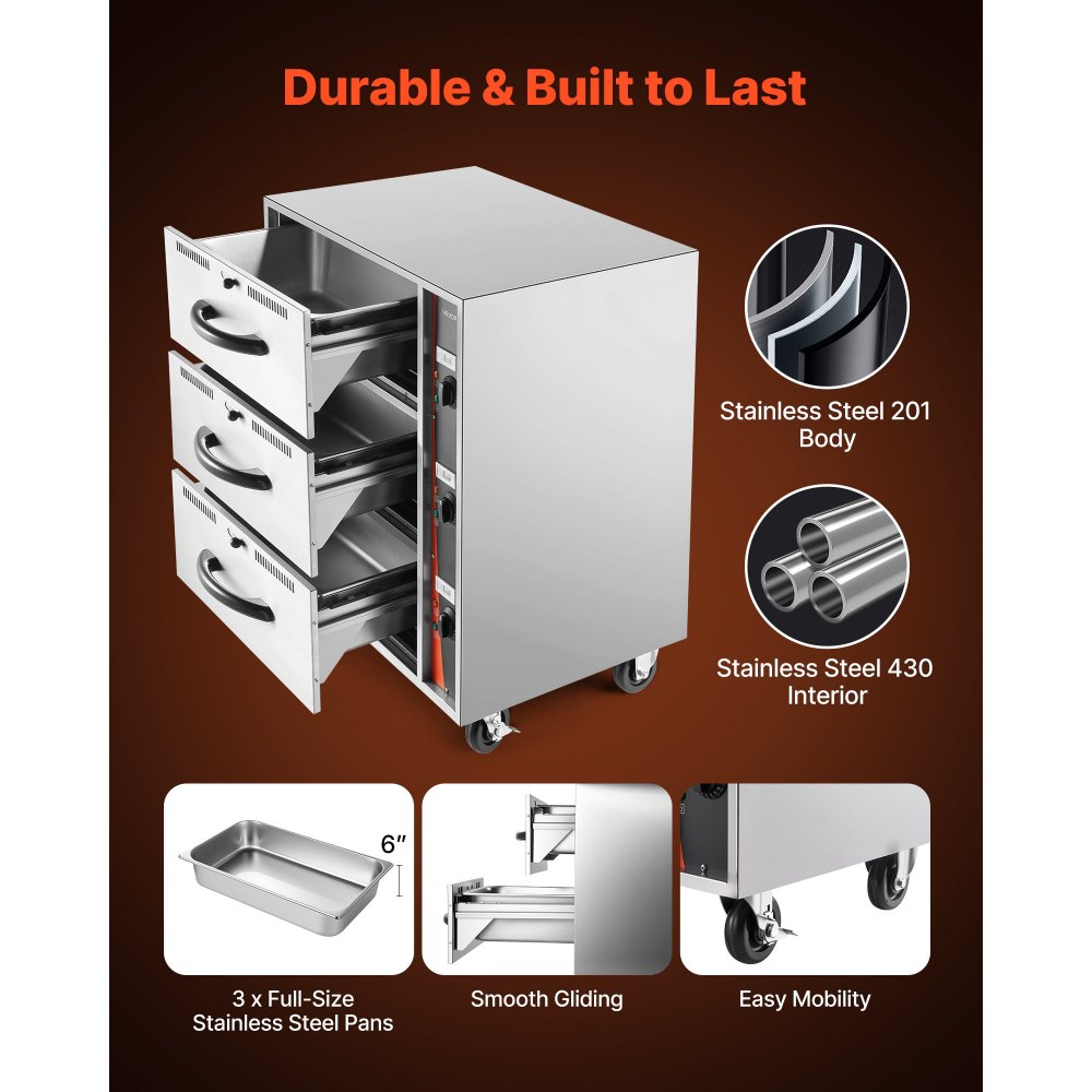 VEVOR Commercial Electric Drawer Warmer, Three-Drawer Stainless Steel Food Warmer, Freestanding Standard Warming Drawer Cabinet, 30-85℃ Wide Temperature Range, for Restaurant, Hotel Buffet & Bakery