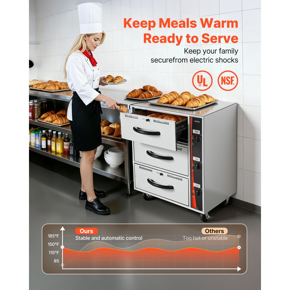 VEVOR commerciële elektrische ladewarmer, roestvrijstalen voedselwarmer met 3 lades, breed temperatuurbereik van 30–85 °C, voor restaurants, hotelbuffetten en bakkerijen