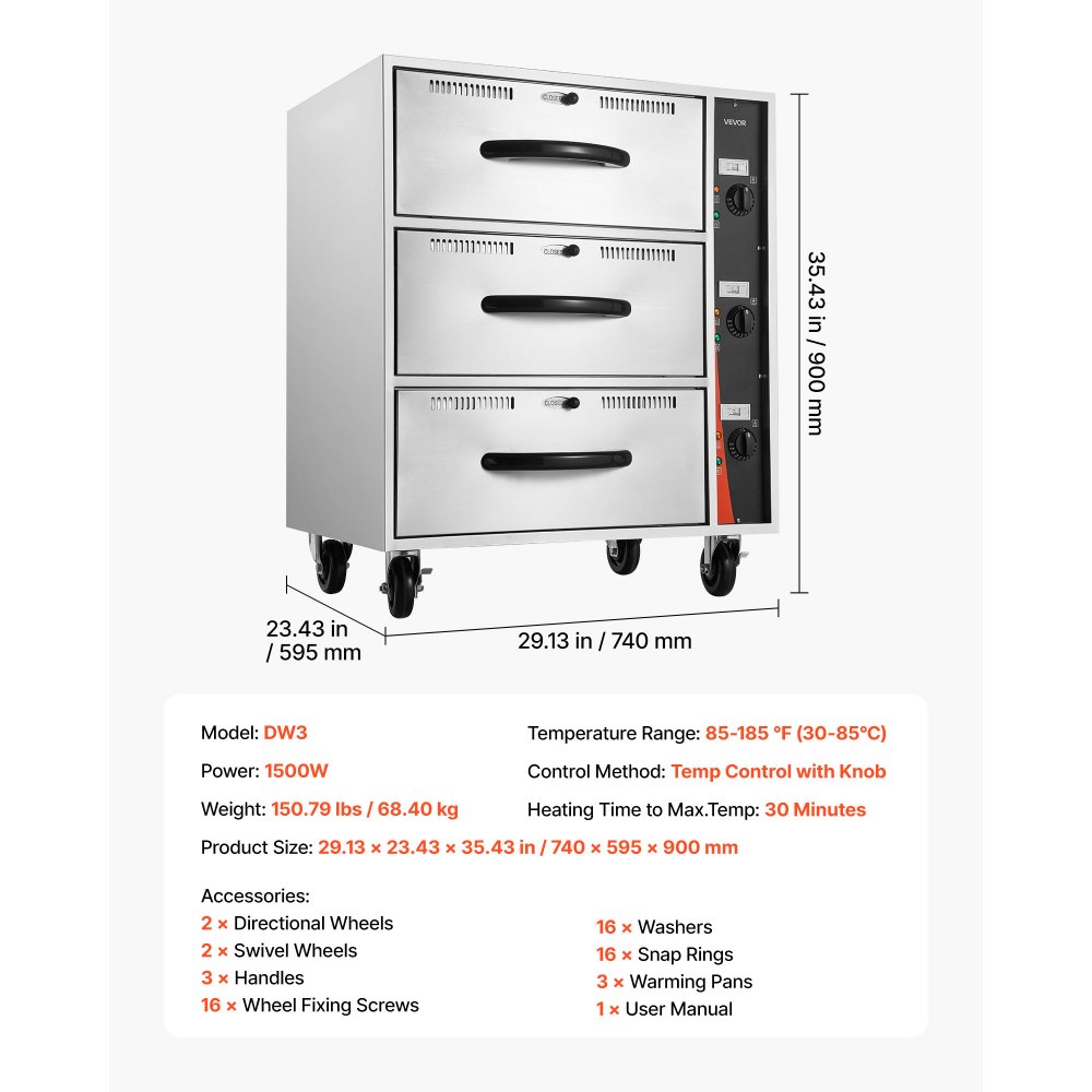 VEVOR commerciële elektrische ladewarmer, roestvrijstalen voedselwarmer met 3 lades, breed temperatuurbereik van 30–85 °C, voor restaurants, hotelbuffetten en bakkerijen